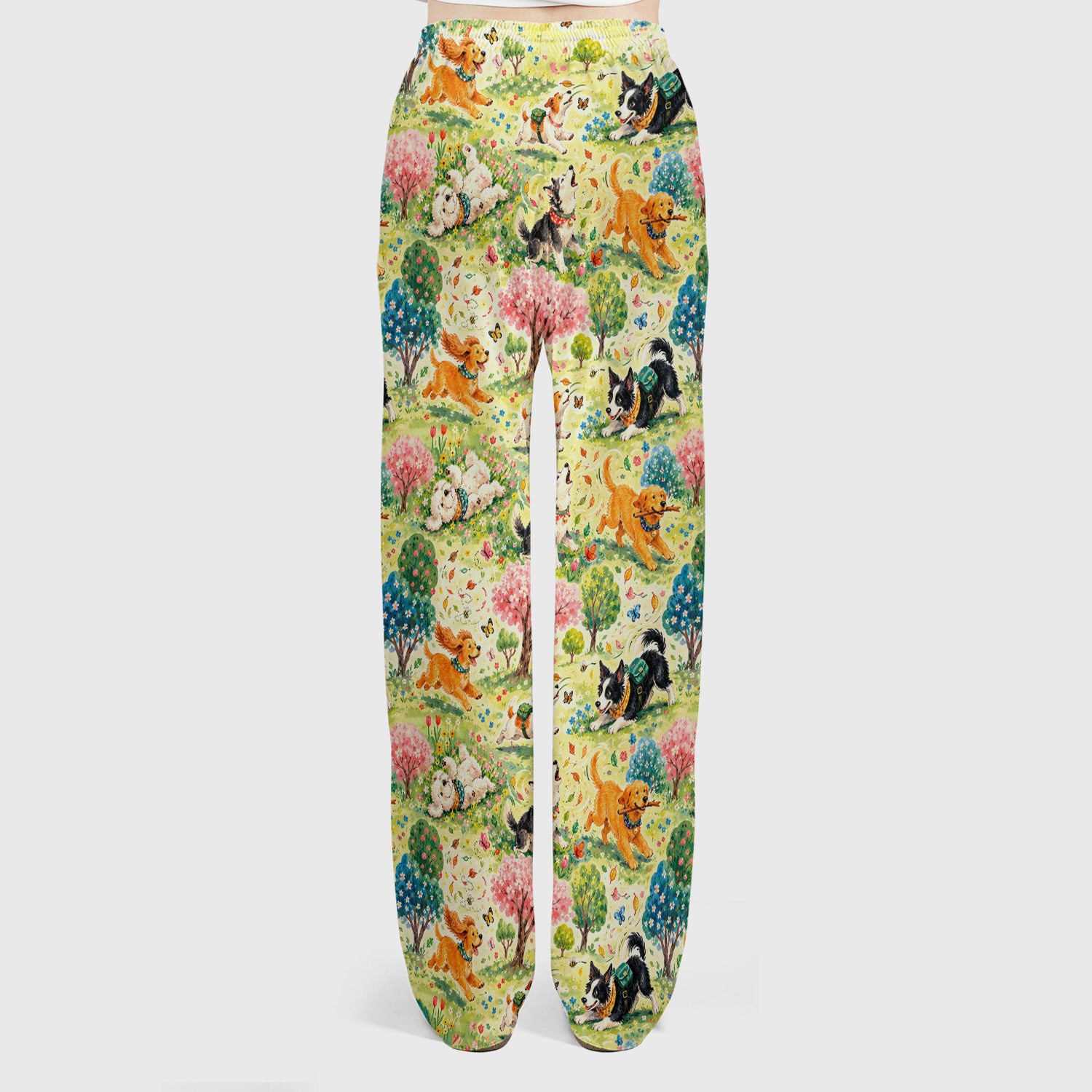 Playful Spring Garden Dogs Pattern Scrub Set, Scrub Pants and V Neck Top