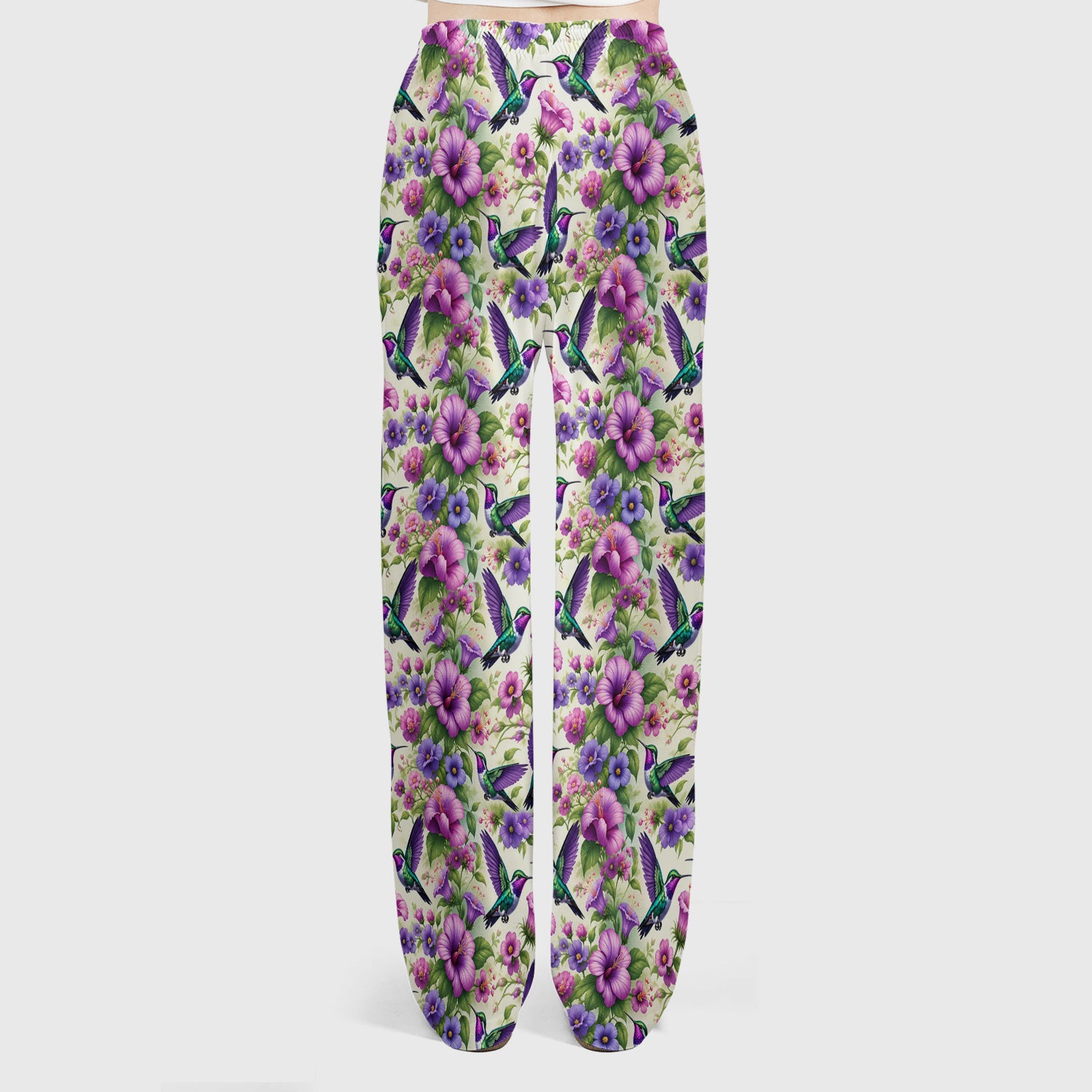 Purple Hummingbird Hibiscus Floral Pattern Scrub Set, Scrub Pants and V Neck Top