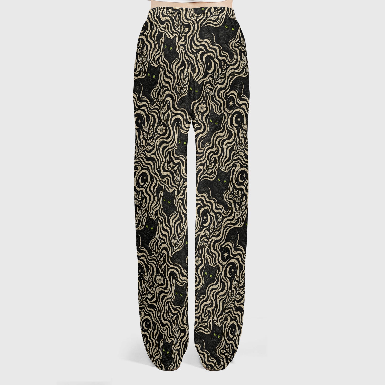 Mystical Black Cat Moonlit Pattern Scrub Set, Scrub Pants and V Neck Top