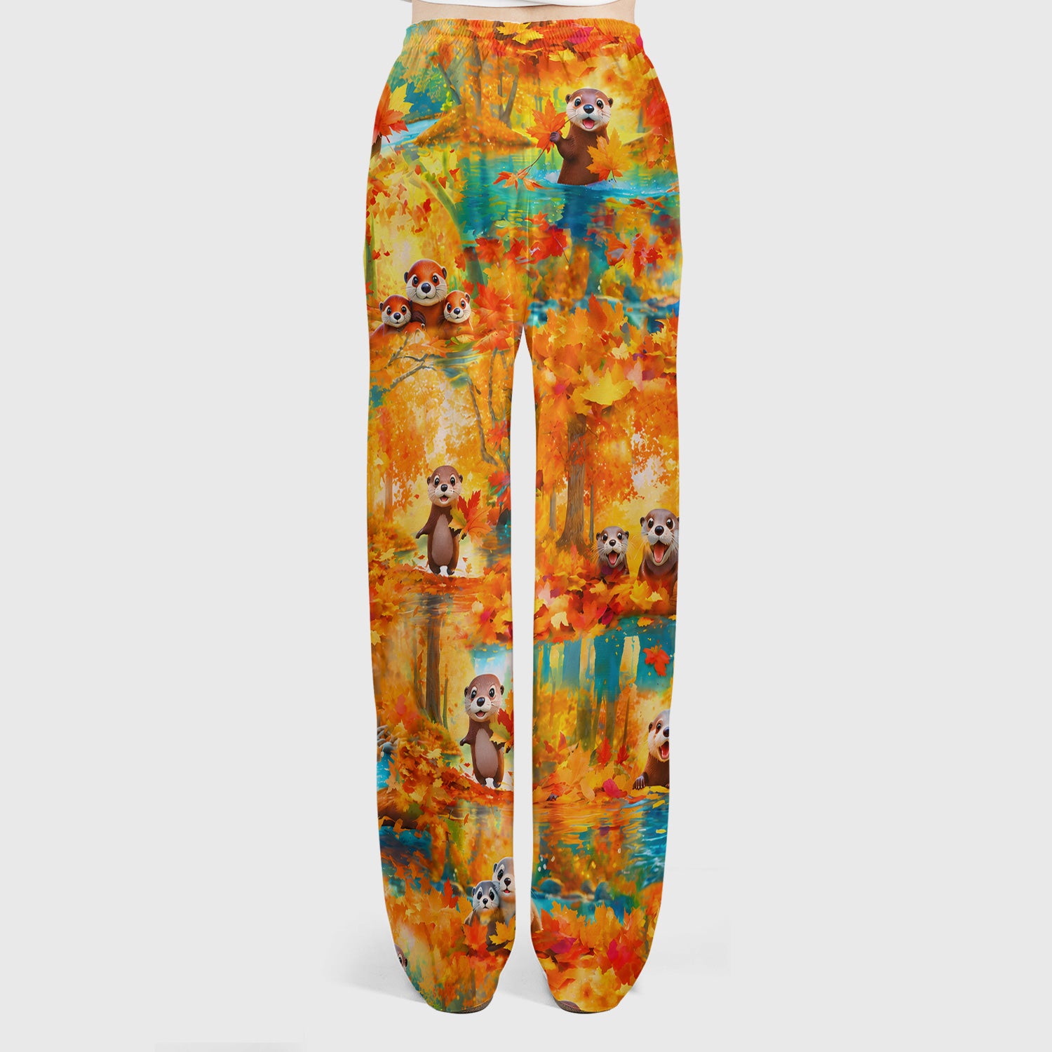 Cute Autumn Otter Leaf Forest Pattern Scrub Set, Scrub Pants and V Neck Top