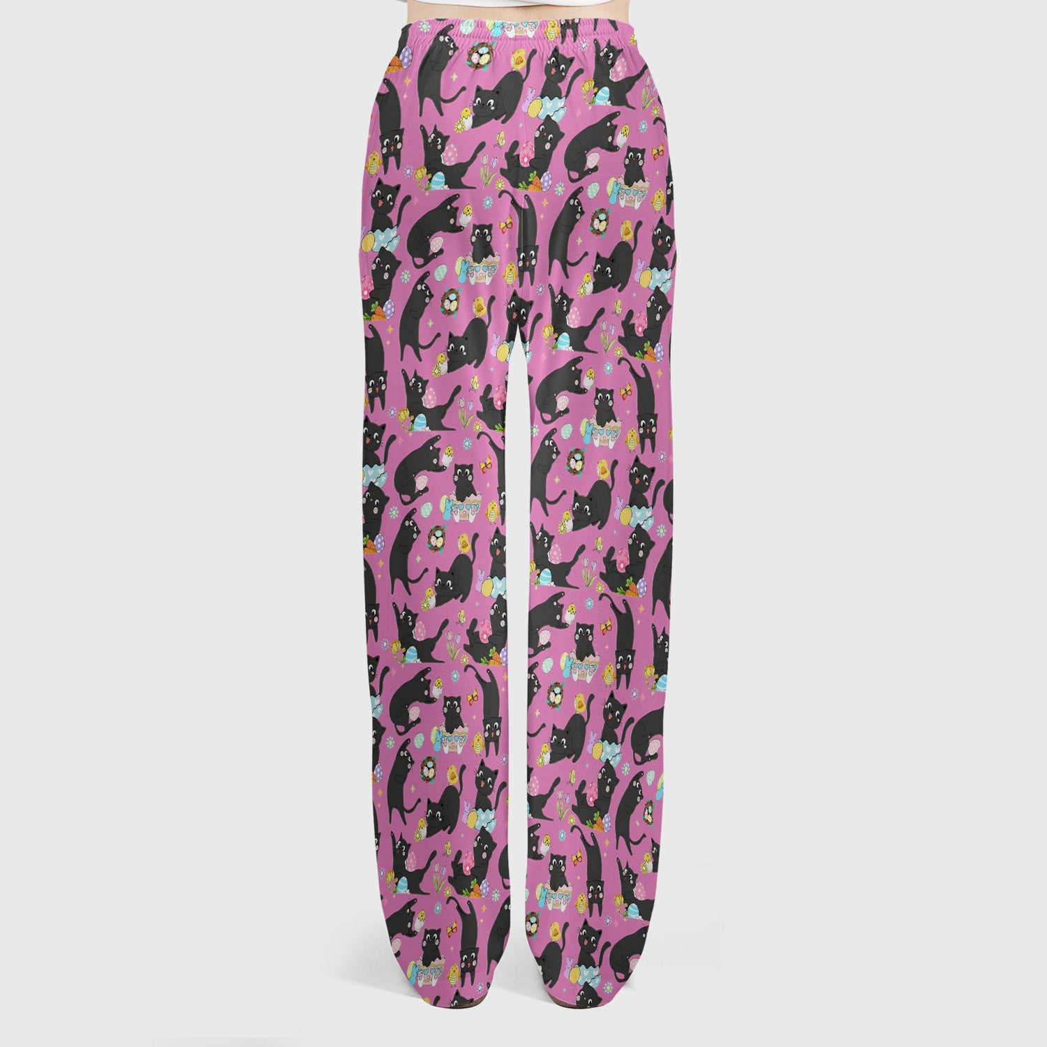 Playful Black Cat Easter Egg Pattern Scrub Set, Scrub Pants and V Neck Top