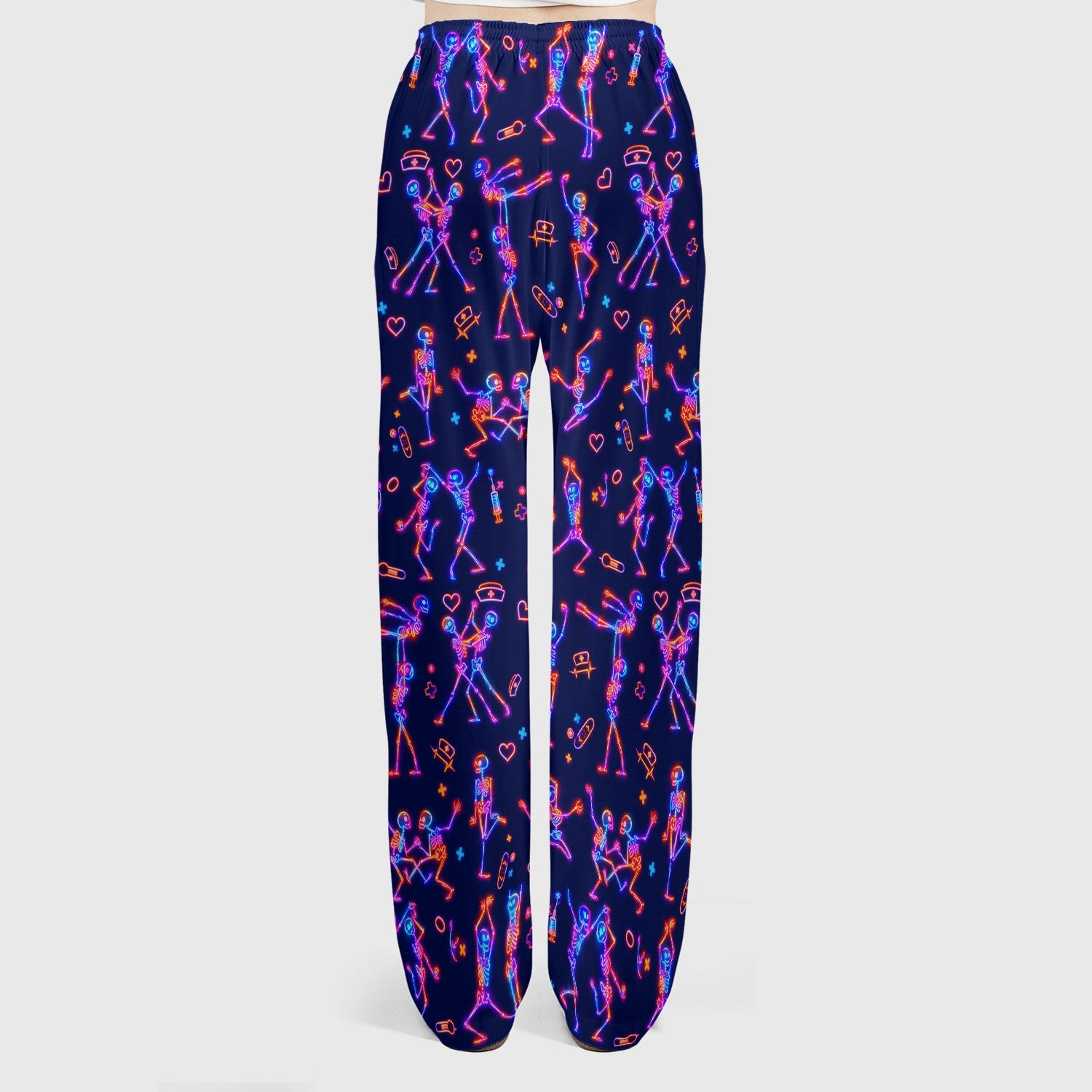 Neon Dancing Skeleton Medical Pattern Set, Scrub Pants and V Neck Top