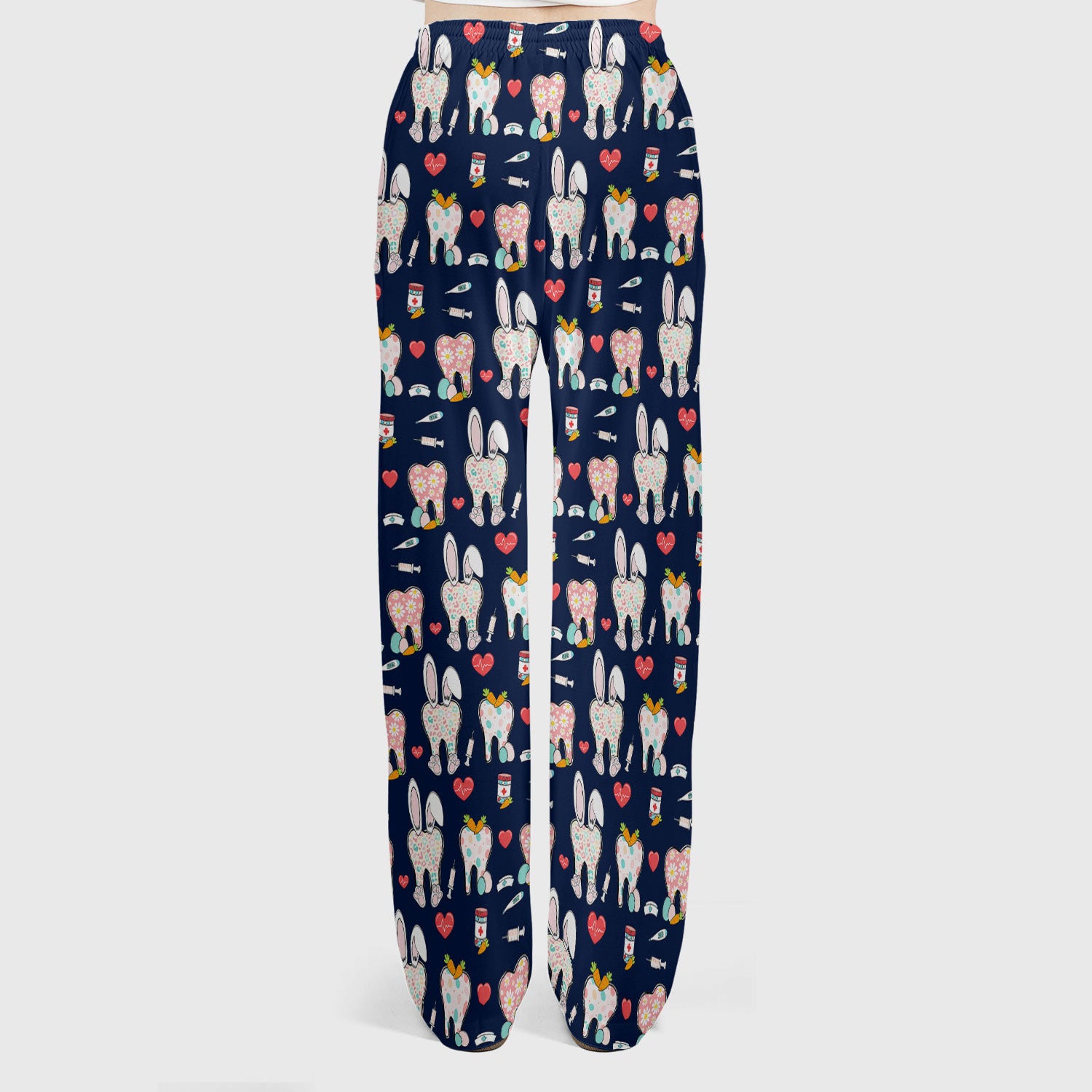 Playful Bunny Dentist Illustration Medical Set, Scrub Pants and V Neck Top
