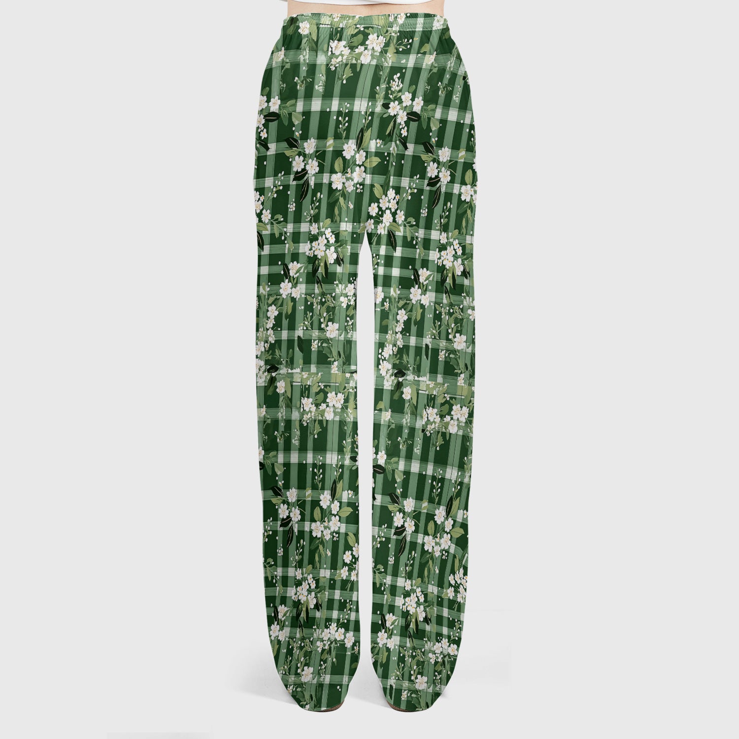 Cute Green Gingham Floral Print Scrub Set, Women's Scrub Sets