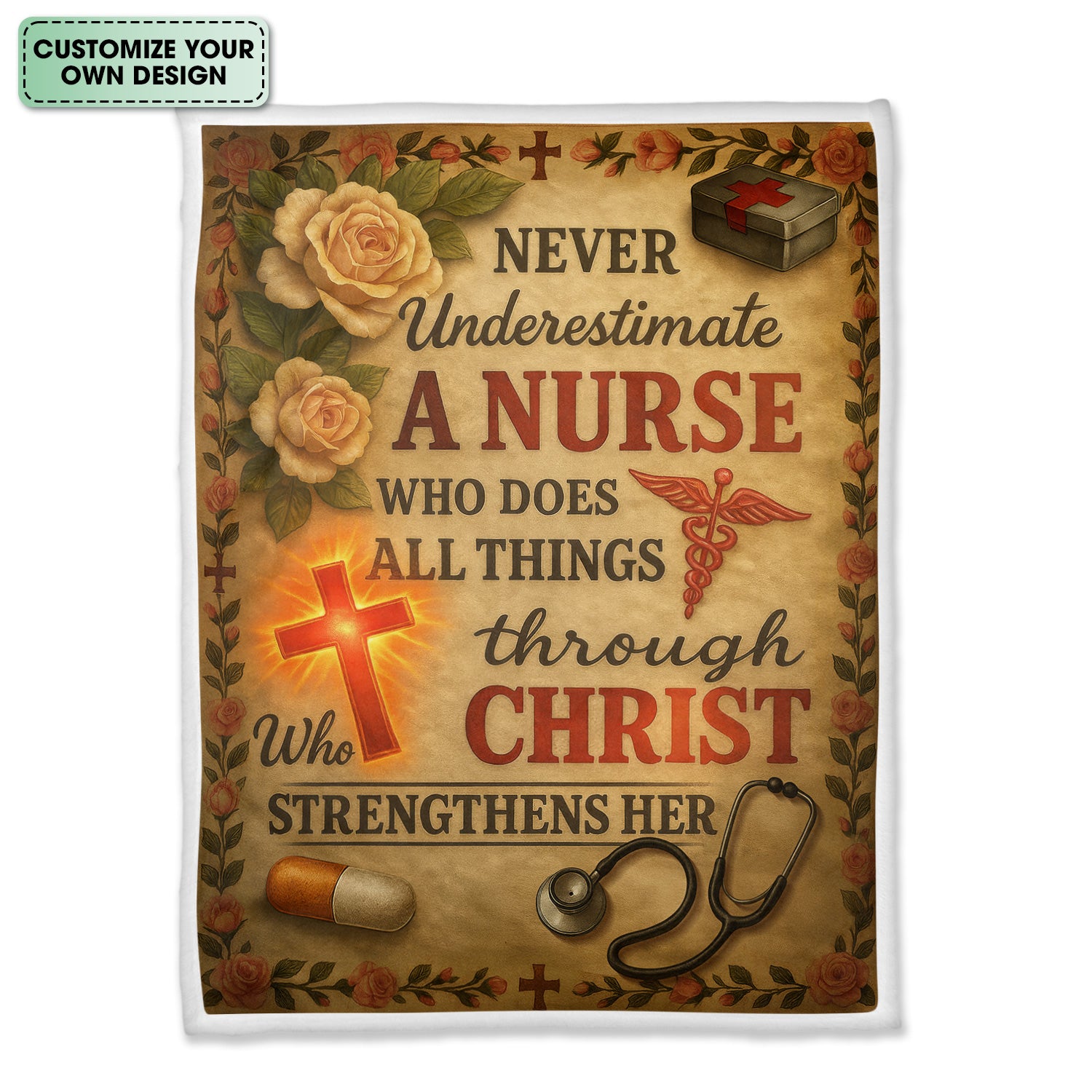 Christian Nurse Blanket - 'Through Christ Who Strengthens Her' Quote with Floral & Medical Design - Gift for RN, CNA, LPN