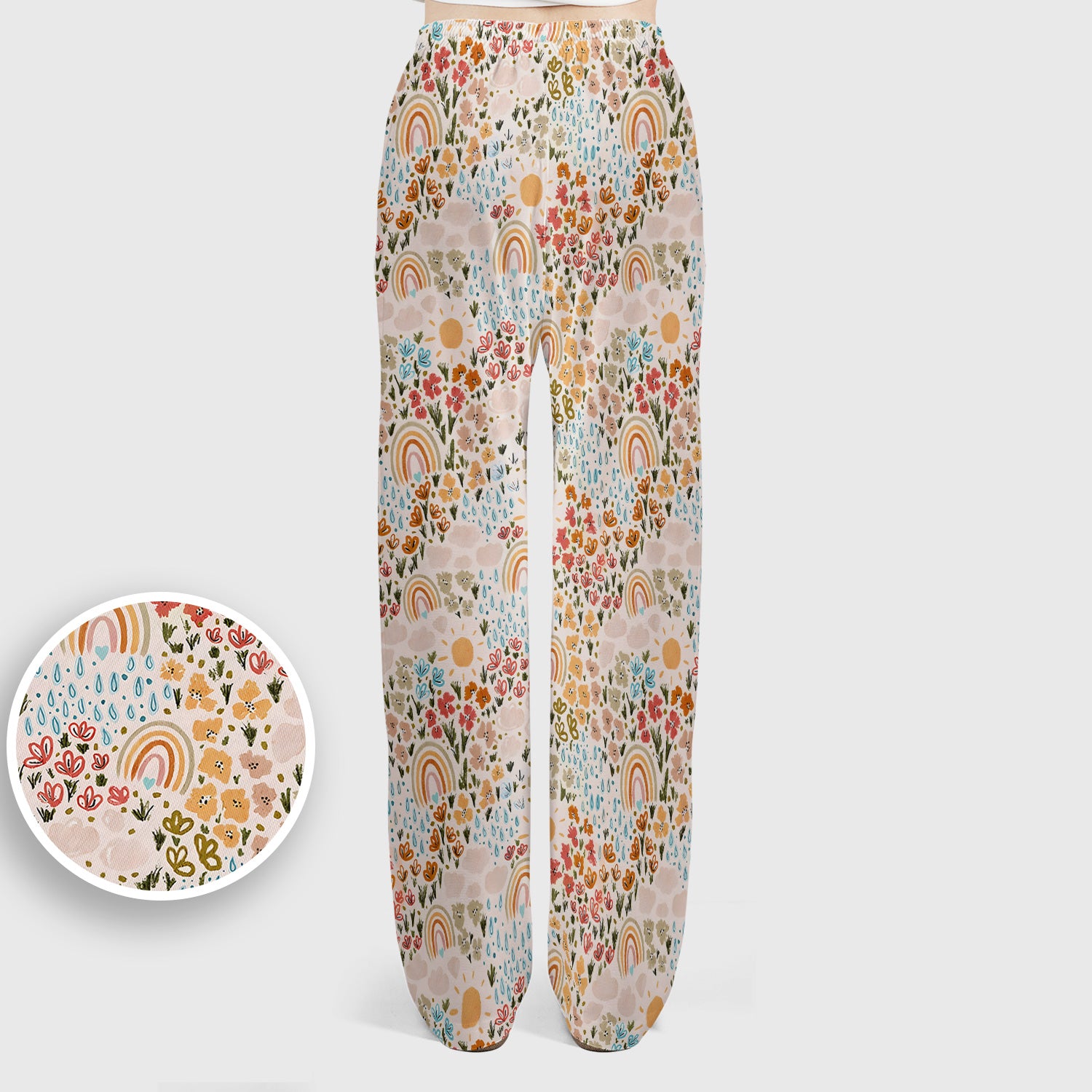 Cute Wildflower Meadow With Rainbow Sun And Raindrops Scrub Set, Scrub Pants and V Neck Top