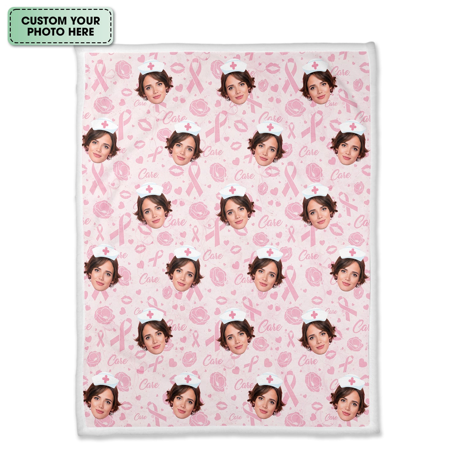 Custom Face Nurse Blanket Pink Ribbon Awareness - Personalized Breast Cancer Support Throw - Gift for Women RN LPN CNA