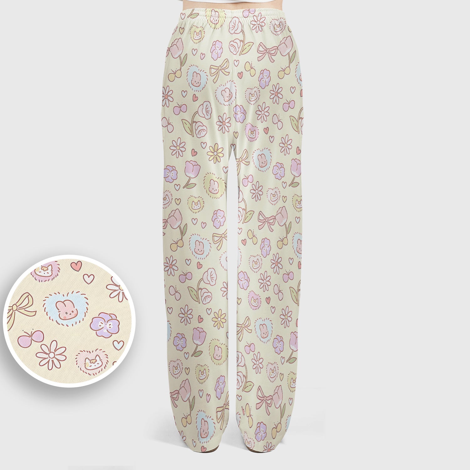 Pastel Bunny Flower Heart Pattern Nurse Scrub Set, Scrub Pants and V Neck Top