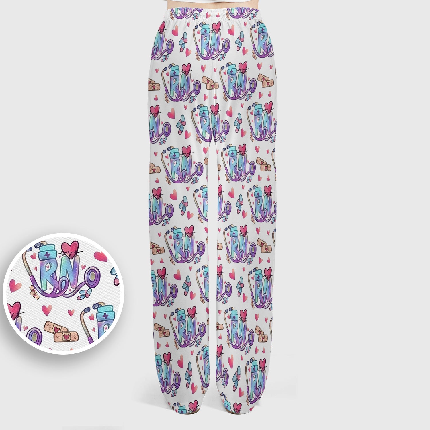 Nurse Life RN Heart Pattern Scrub Set, Scrub Pants and V Neck Top