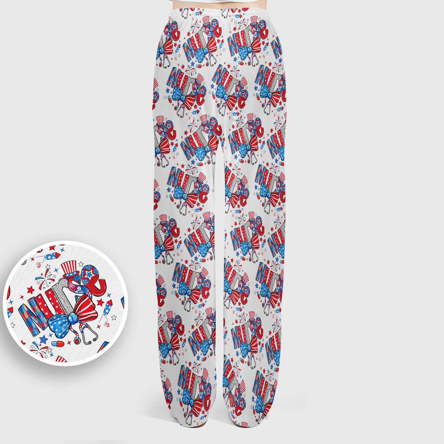 USA Nurse Stethoscope Patriotic Bow Hat Pattern Scrub Sets, Scrub Pants and V Neck Top