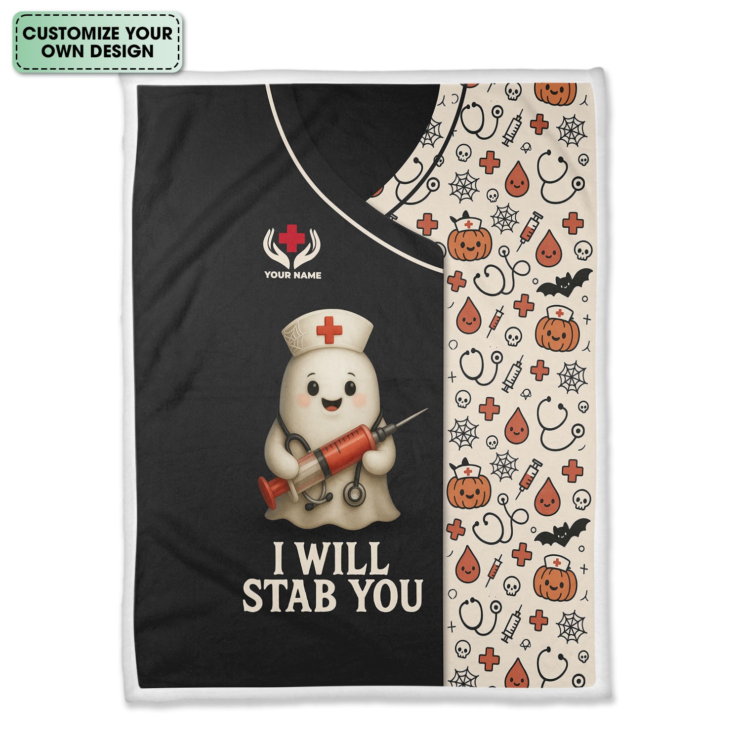Custom Halloween Nurse Blanket for RN LPN CNA - Funny Ghost Syringe Design with I Will Stab You Quote - Gift for Healthcare Workers & Nursing Teams