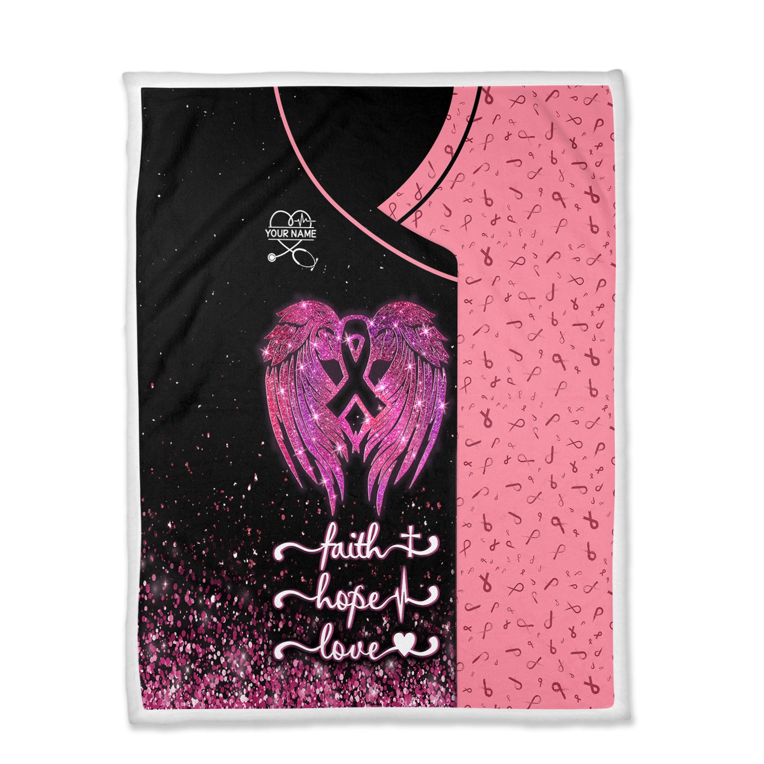 Personalized Breast Cancer Awareness Blanket - Faith Hope Love & Angel Wings - Gift for Nurse RN LPN CNA