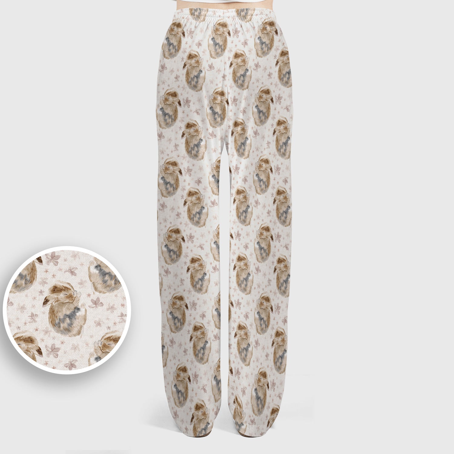 Cute Sleeping Bunny Floral Meadow Pattern Nurse Scrub Set, Scrub Pants and V Neck Top