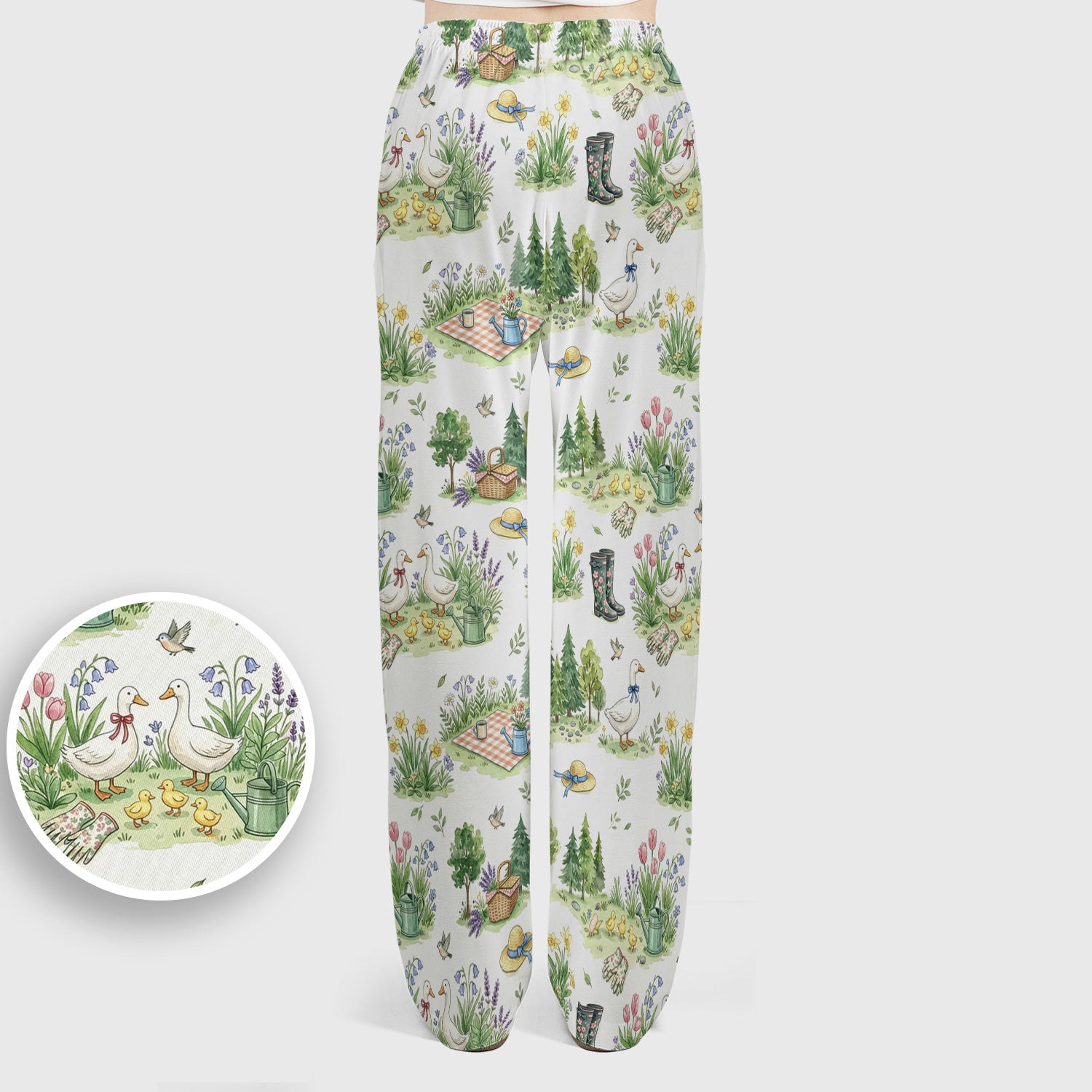 Cute Duck Garden Pattern Scrub Set, Spring Floral Countryside Scrub Pants and V Neck Top