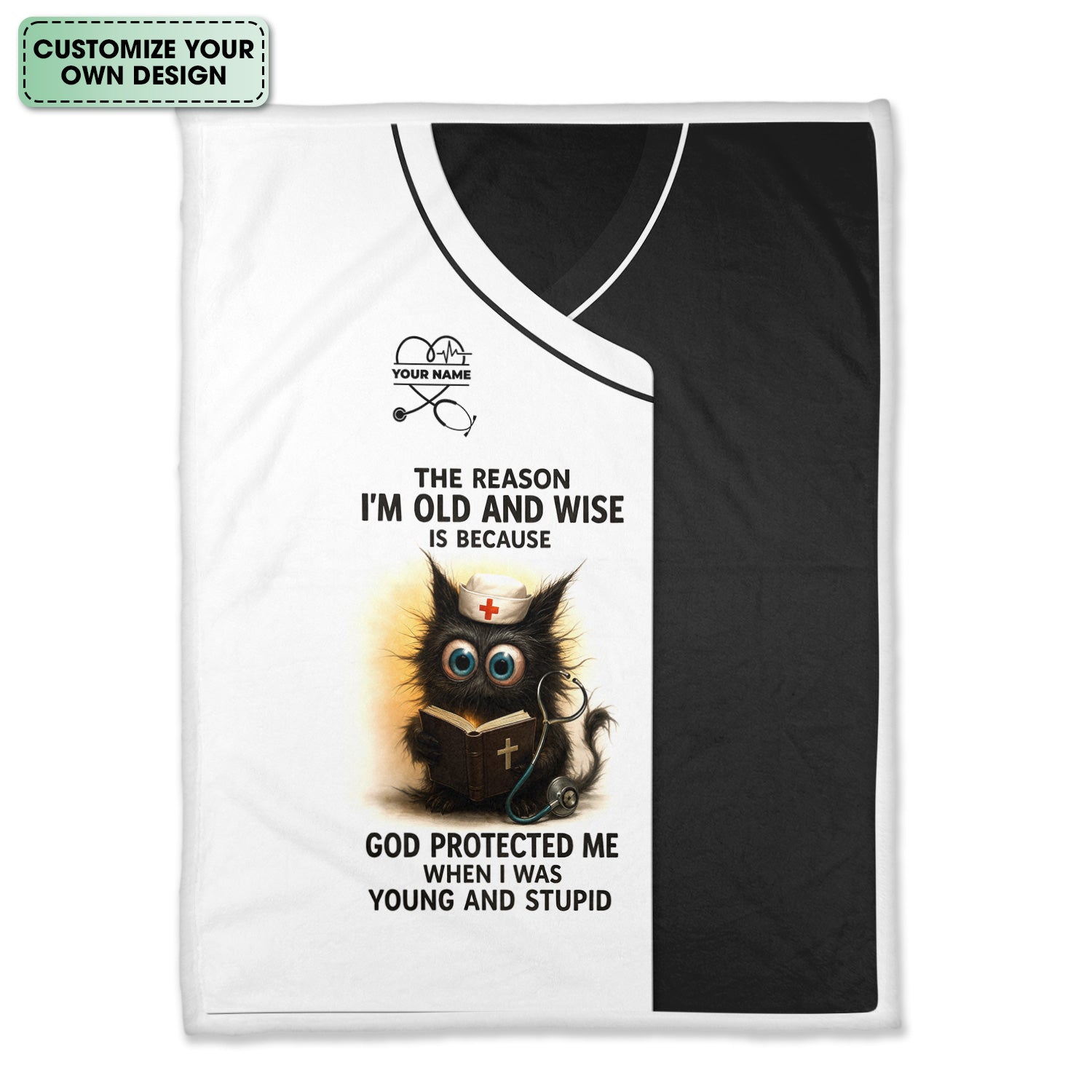 Personalized Nurse Blanket - Hilarious Cat Design with ‰Û÷God Protected Me When I Was Young and Stupid‰Ûª Quote - Custom Name for RN, CNA, LPN Healthcare Workers