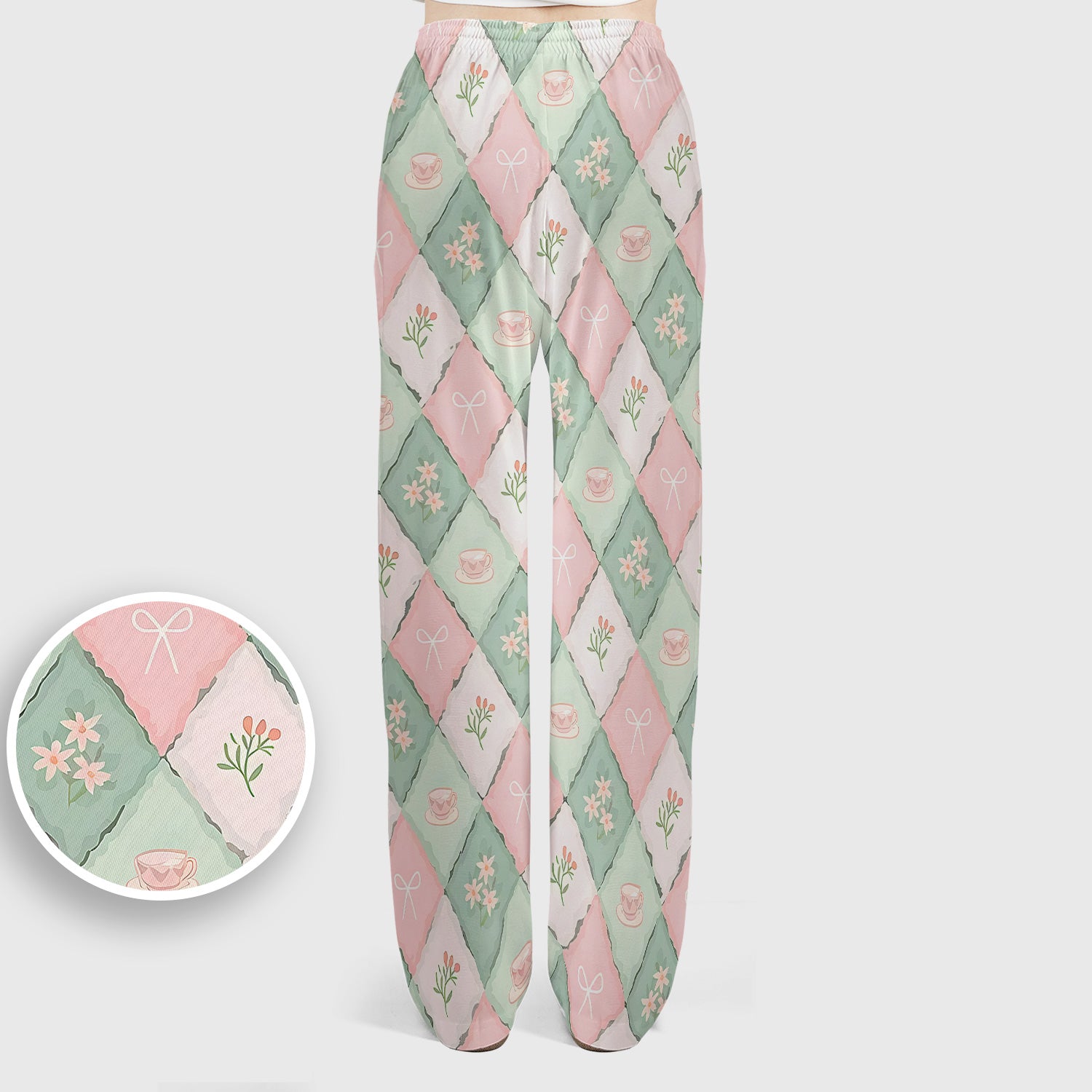 Flowers Tea Cups Pattern Scrubs Sets, Scrub Pants and V Neck Top