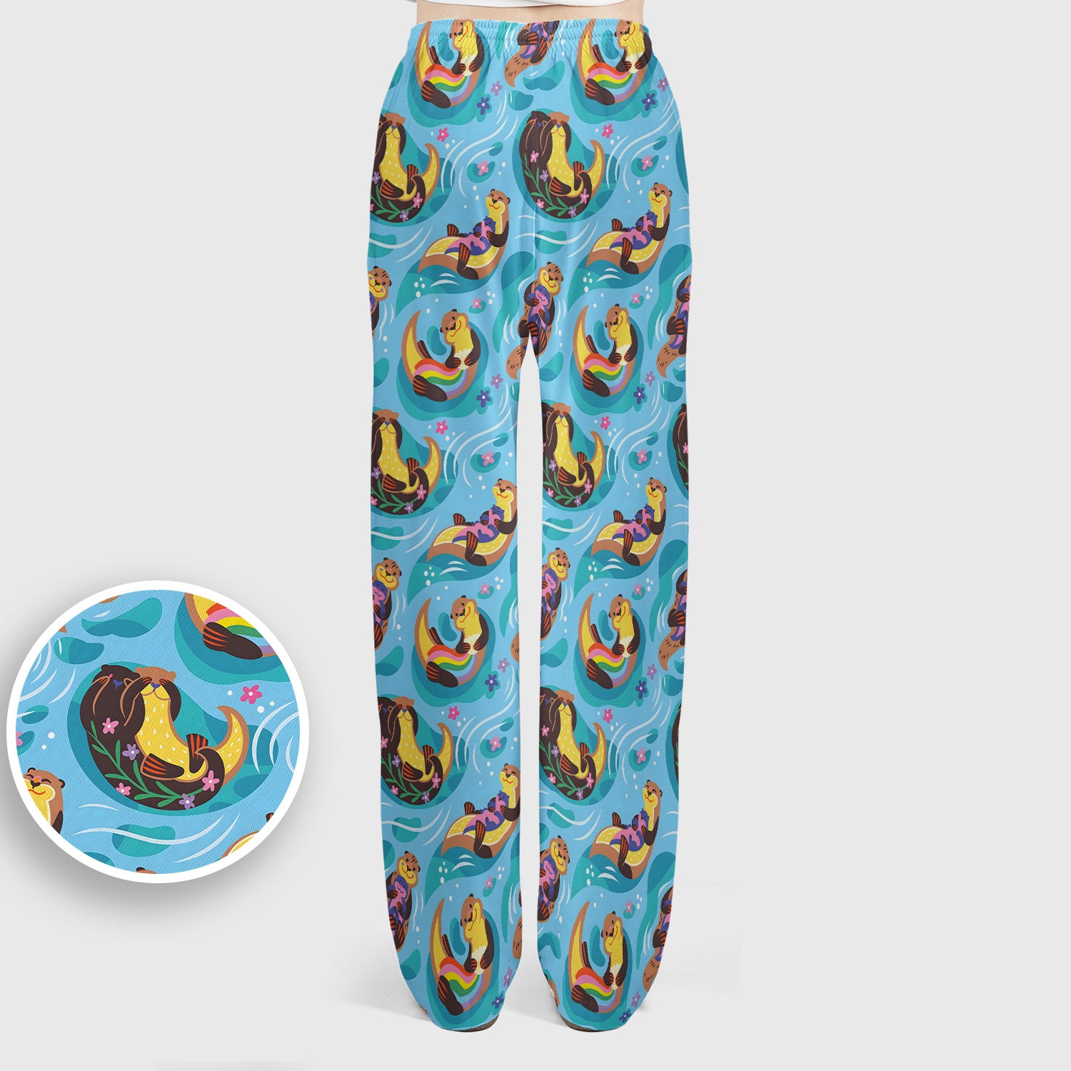 Otter Floating River Rainbow Pattern Scrub Set, Scrub Pants and V Neck Top