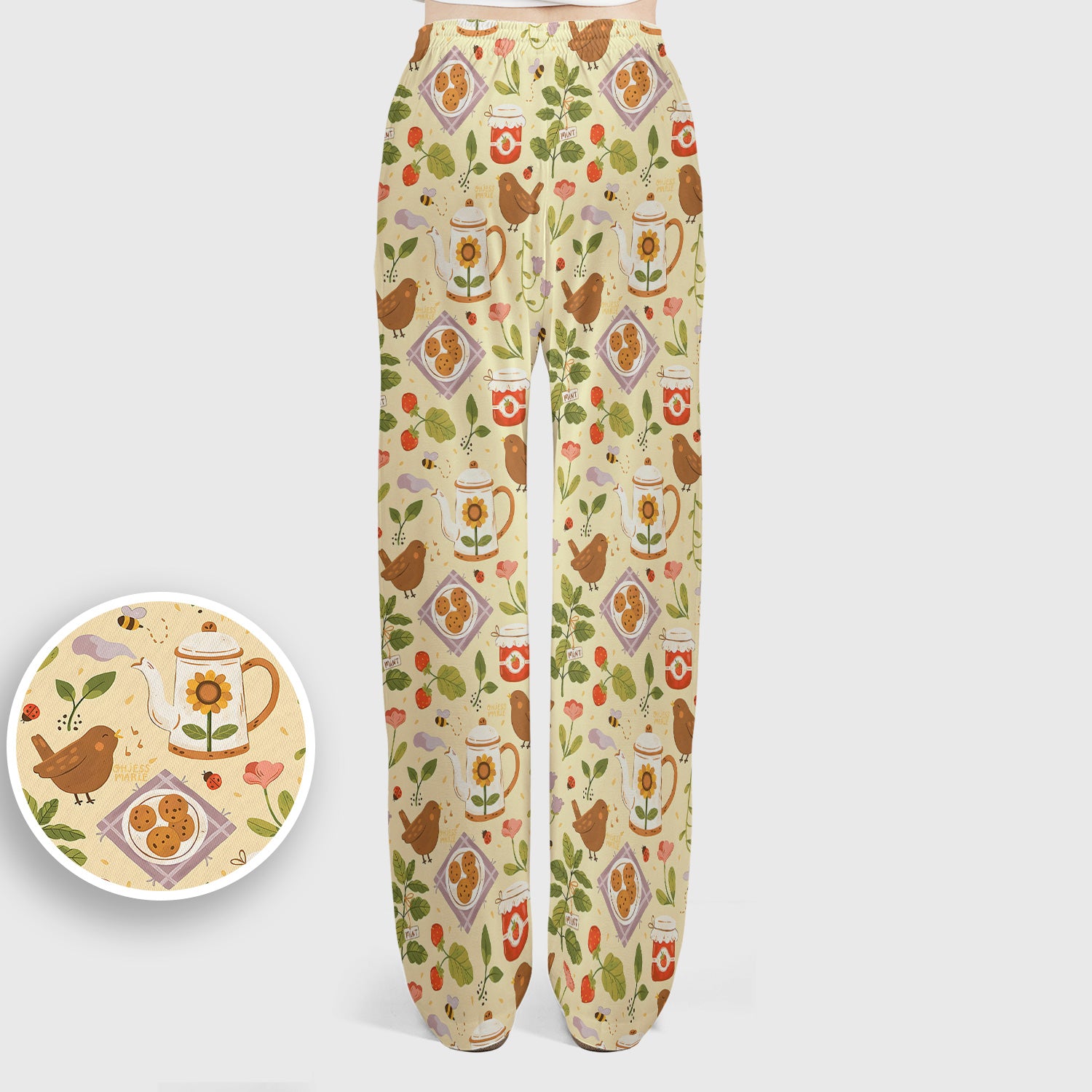 Cute Garden Tea Bird Strawberry Pattern Scrub Set, Scrub Pants and V Neck Top