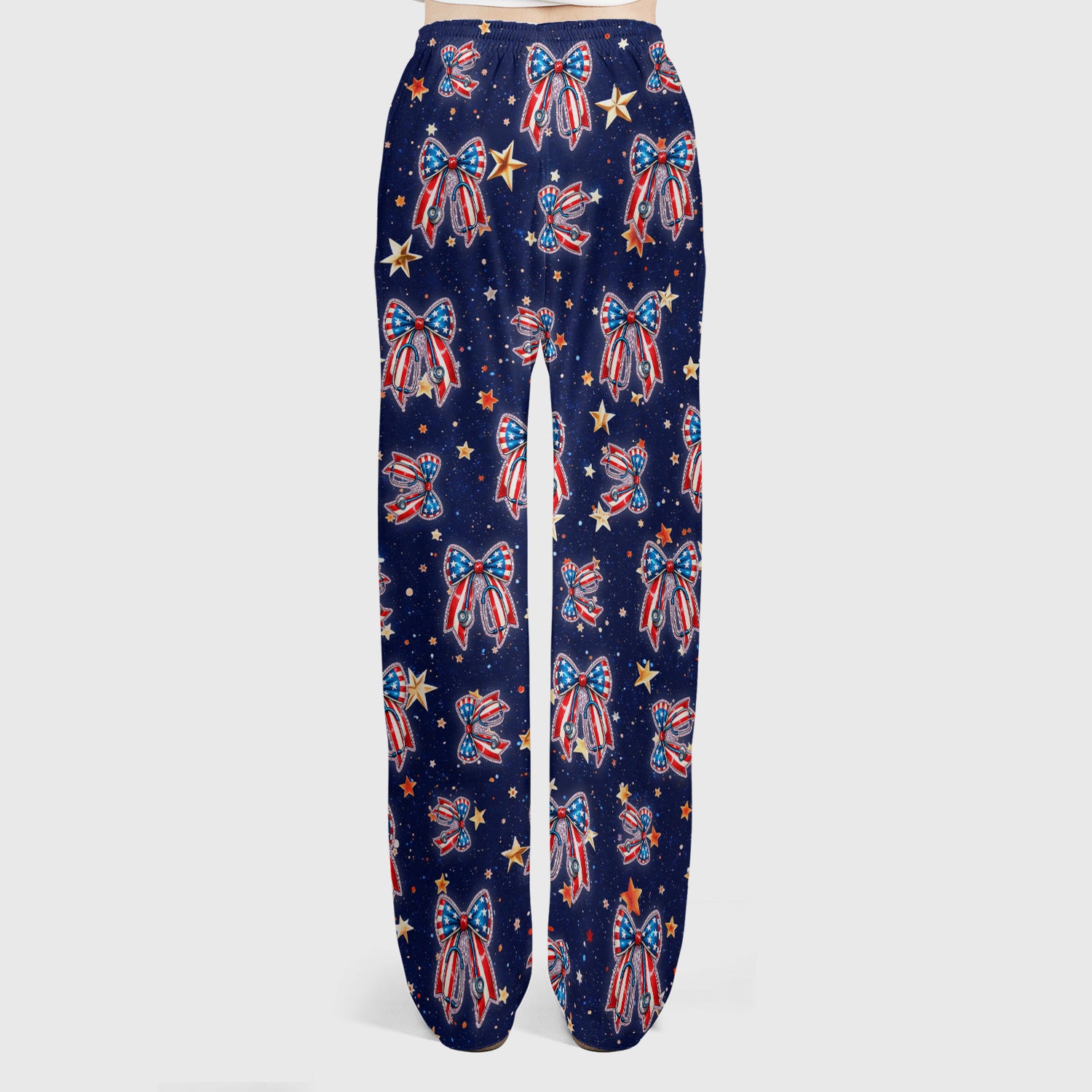 Patriotic Bow Star Print Women's Scrub Set, Breathable Med Uniform