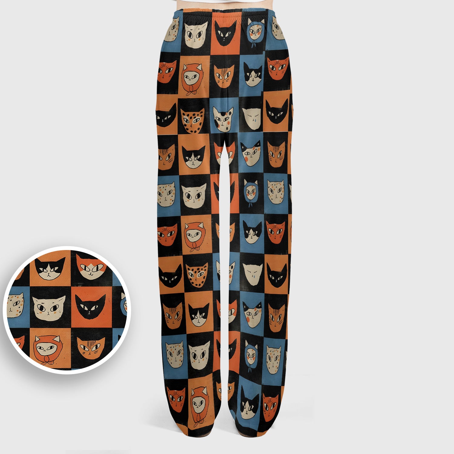 Cute Retro Cat Faces Checkerboard Print Scrub Set, Scrub Pants and V Neck Top