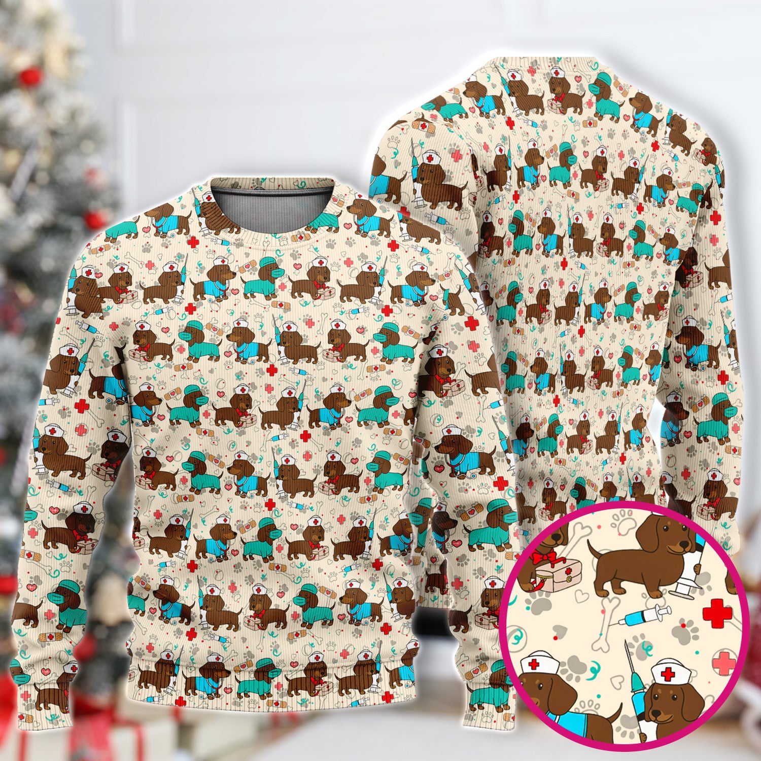 Cute Wiener Dog Dachshund Nurse Scrub Set, Funny Dachshund Dog Scrubs Shirt, Breathable Fabrics Nursing Uniform