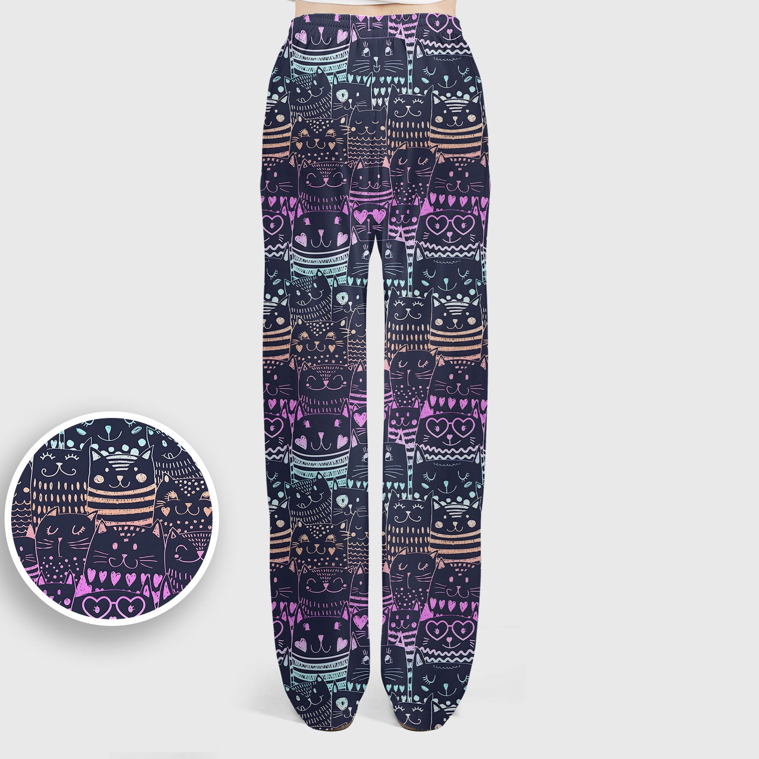 Cute Neon Cat Faces Pattern Scrub Set, Scrub Pants and V Neck Top