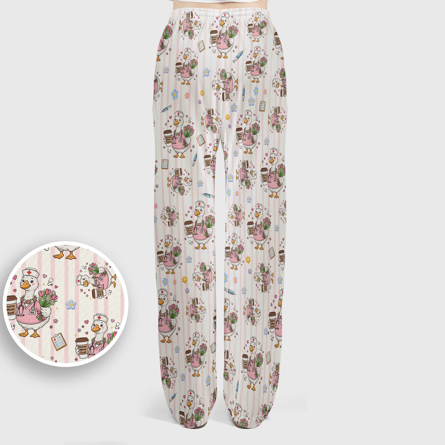 Cartoon Nurse Goose Pattern Scrub Set, Scrub Pants and V Neck Top