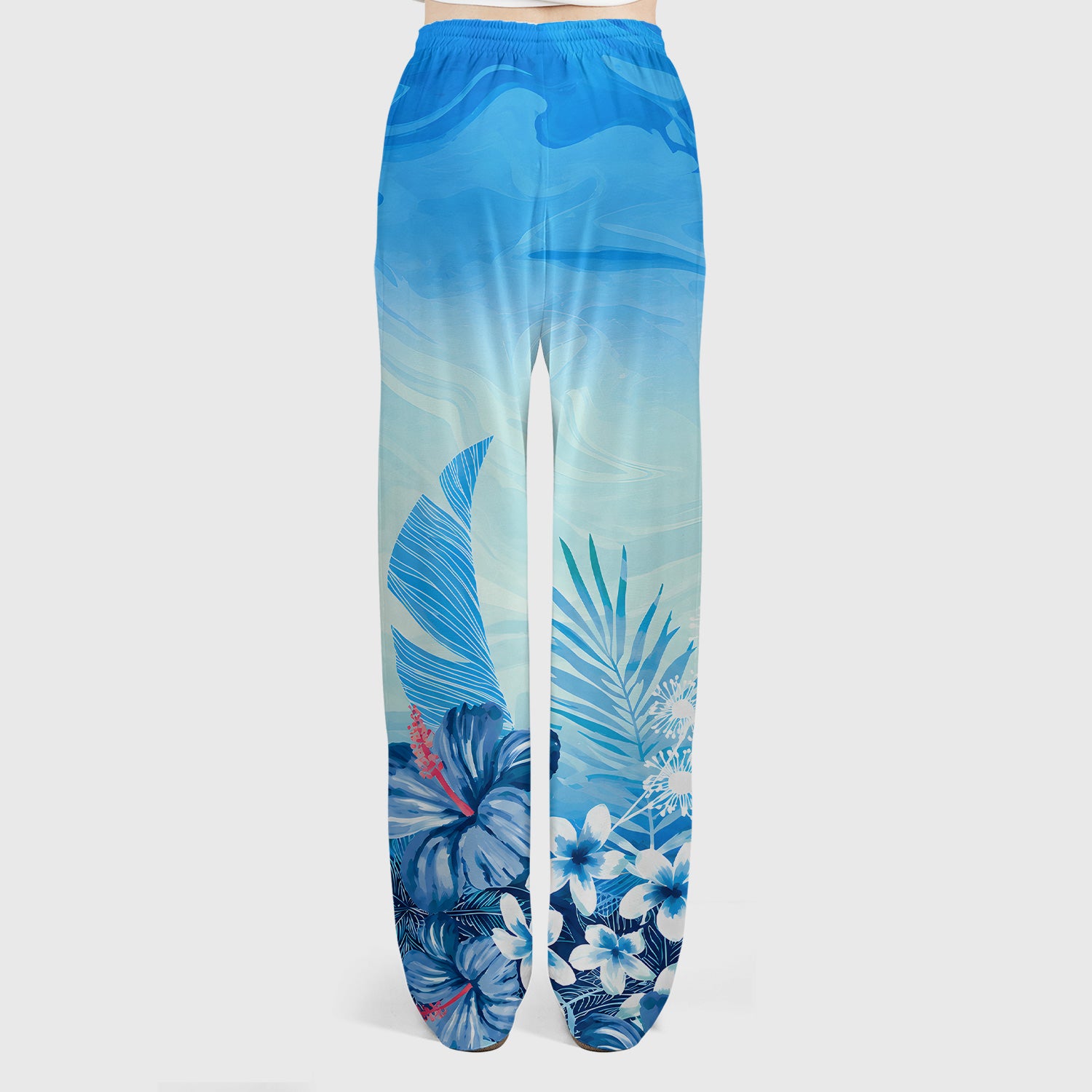 Elegant Blue Tropical Floral Pattern Scrub Set, Scrub Pants and V Neck Top