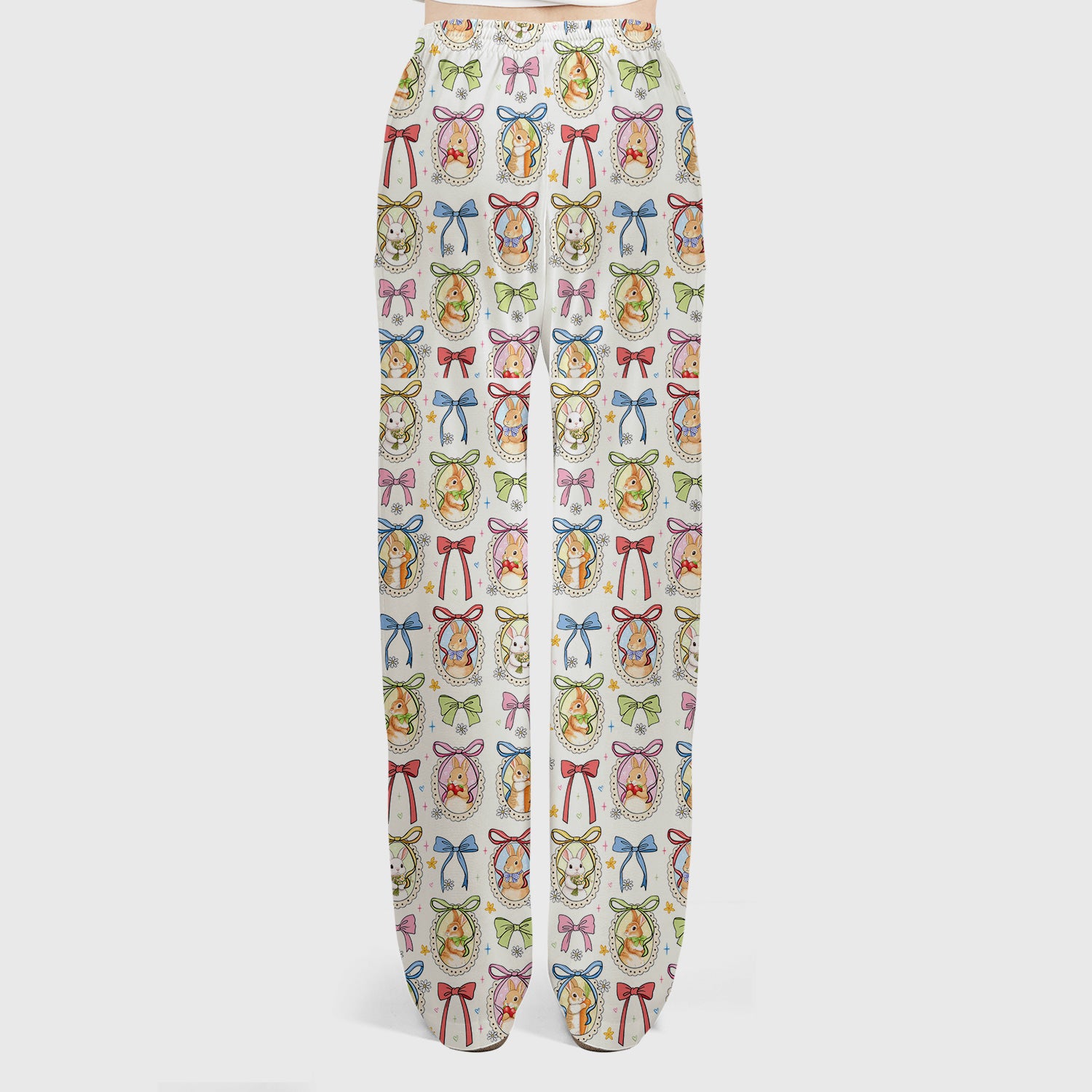 Cute Easter Bunny Cameo Colorful Bow Pattern Scrub Set, Breathable Med Uniform