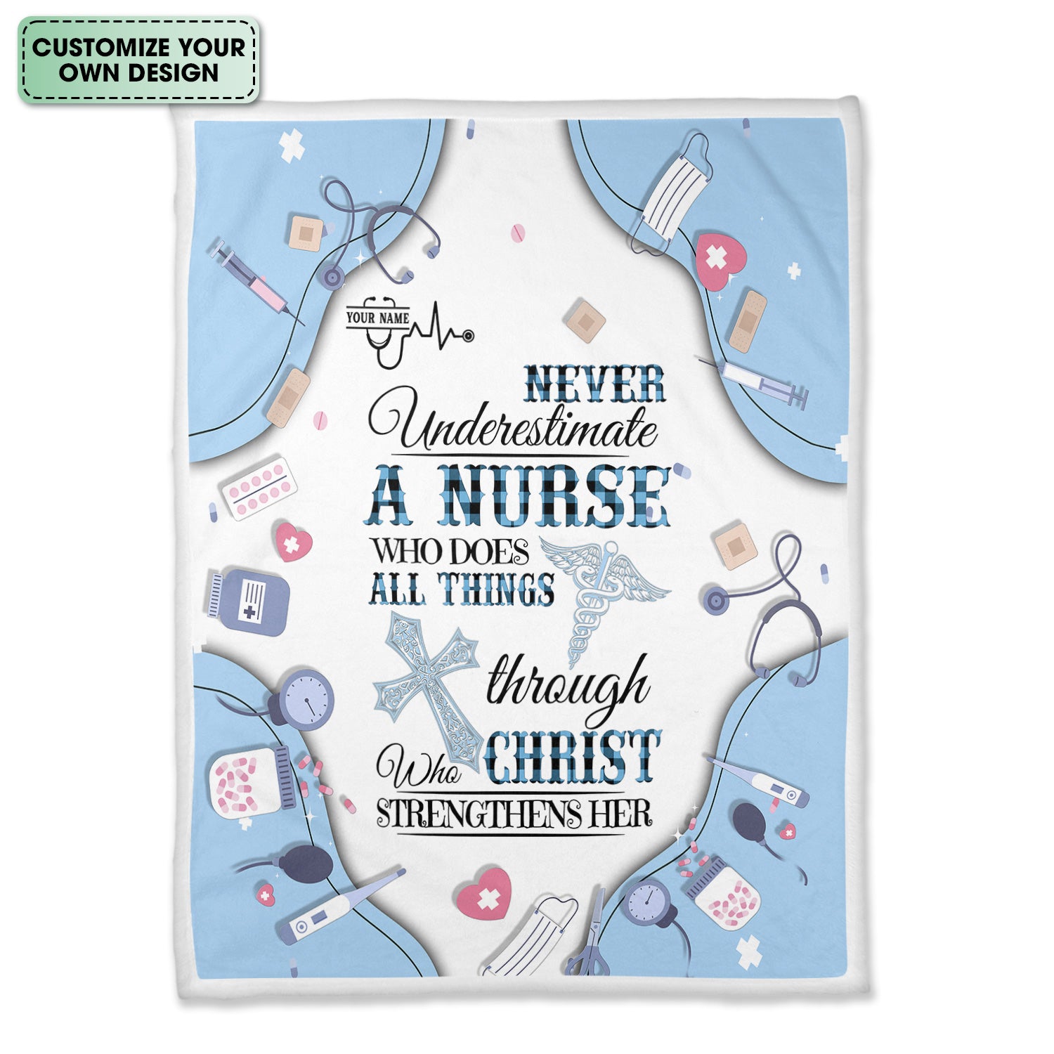 Custom Name Faith Nursing Blanket for Women - Personalized Religious Gift for RN LPN CNA Hospital Staff - All Things Through Christ Quote