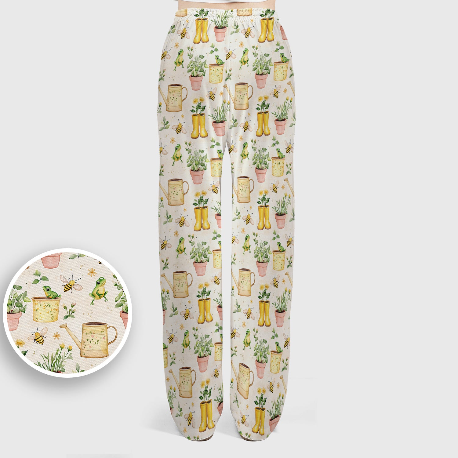 Cute Nurse Frog And Bee Garden Pattern Scrub Set, Scrub Pants and V Neck Top