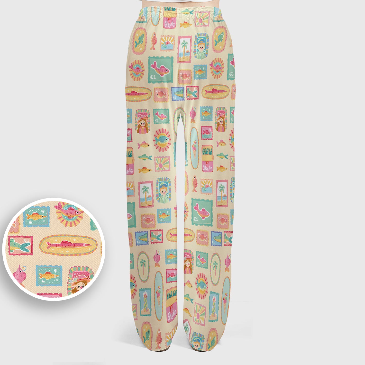 Coastal Vintage Postage Stamp Pattern Scrub Set, Scrub Pants and V Neck Top