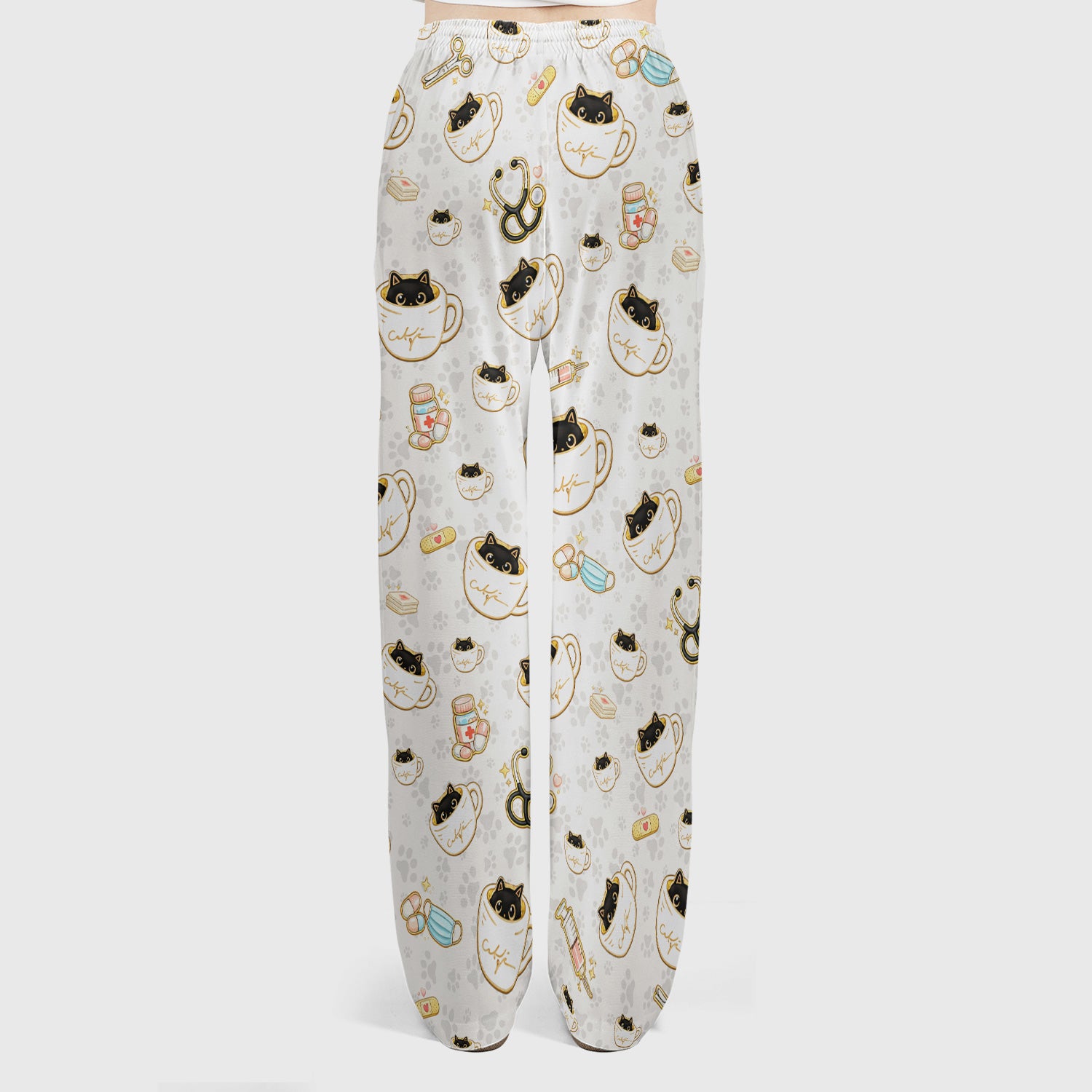 Cute Coffee Cat Medical Print Scrub Set, Scrub Pants and V Neck Top