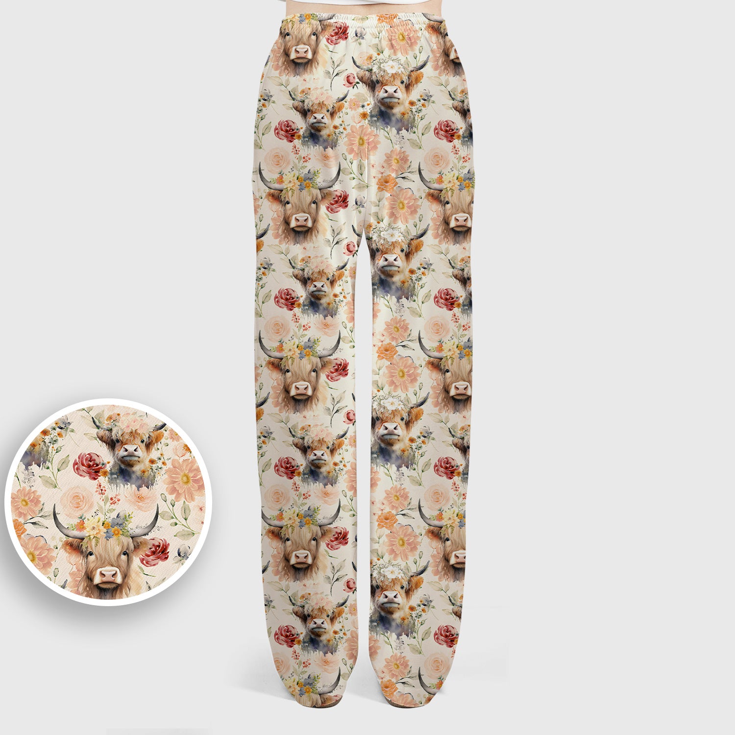 Cute Highland Cow Floral Pattern Scrub Set, Scrub Pants and V Neck Top