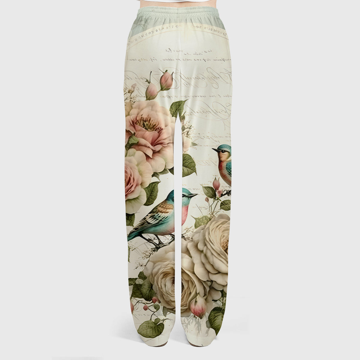 Vintage Birds Rose Pattern Scrub Set, Scrub Pants and V Neck Top