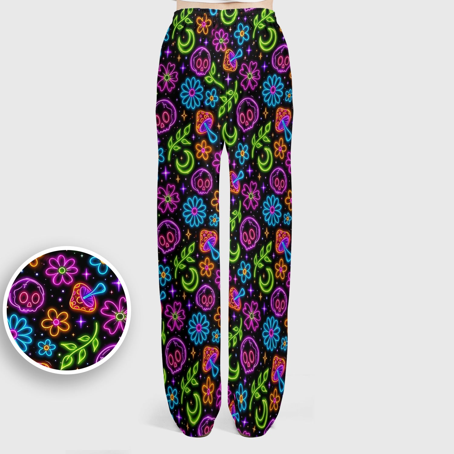 Neon Skull Mushroom Floral Scrub Set, Colorful Gothic Scrub Pants and V Neck Top