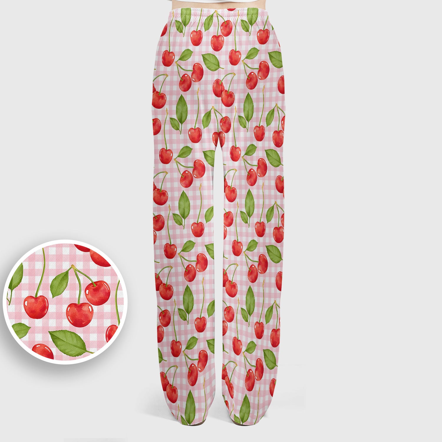 Sweet Red Cherry Gingham Pattern Scrub Set, Scrub Pants and V Neck Top