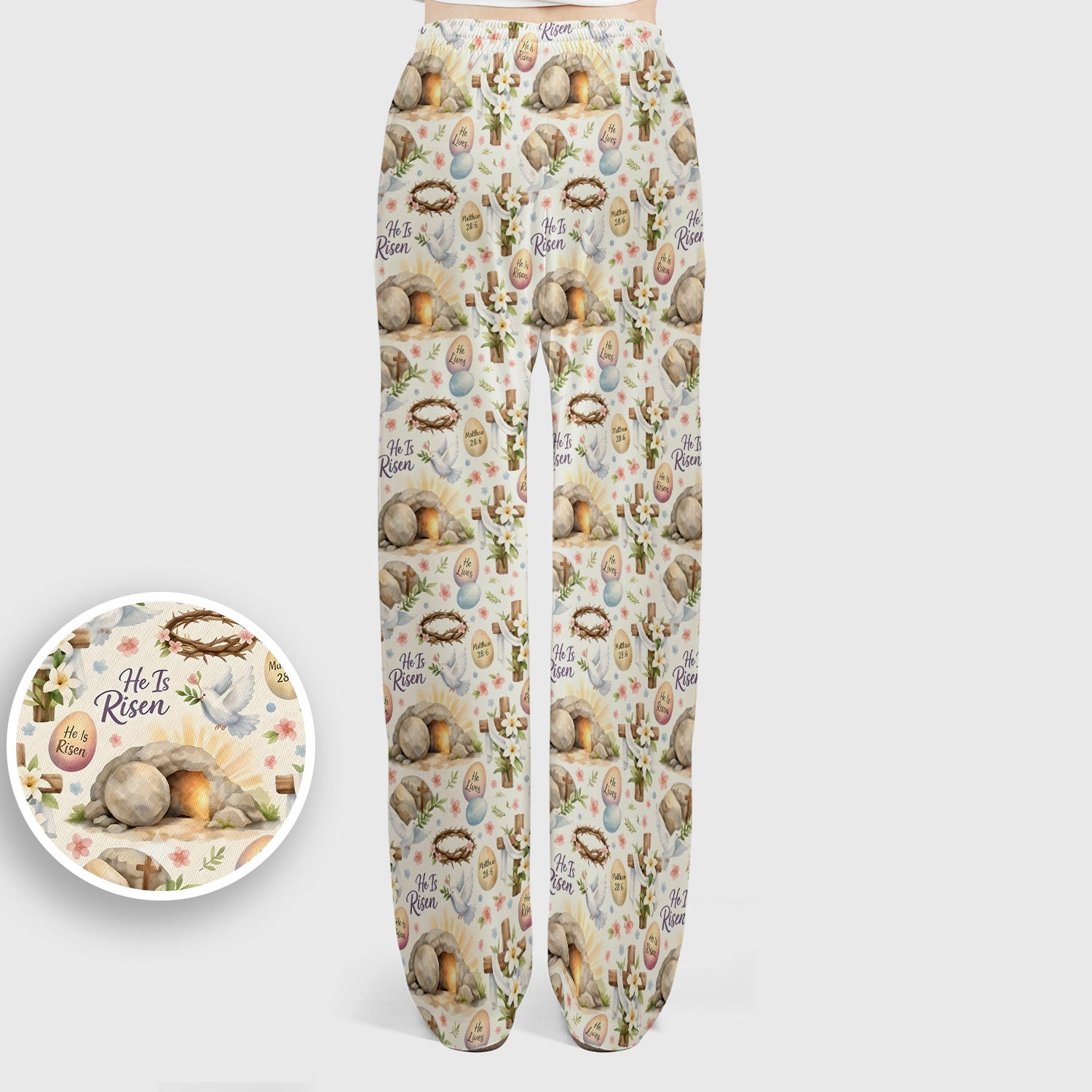He Is Risen Cross Tomb Lily Pattern Scrub Set, Scrub Pants and V Neck Top