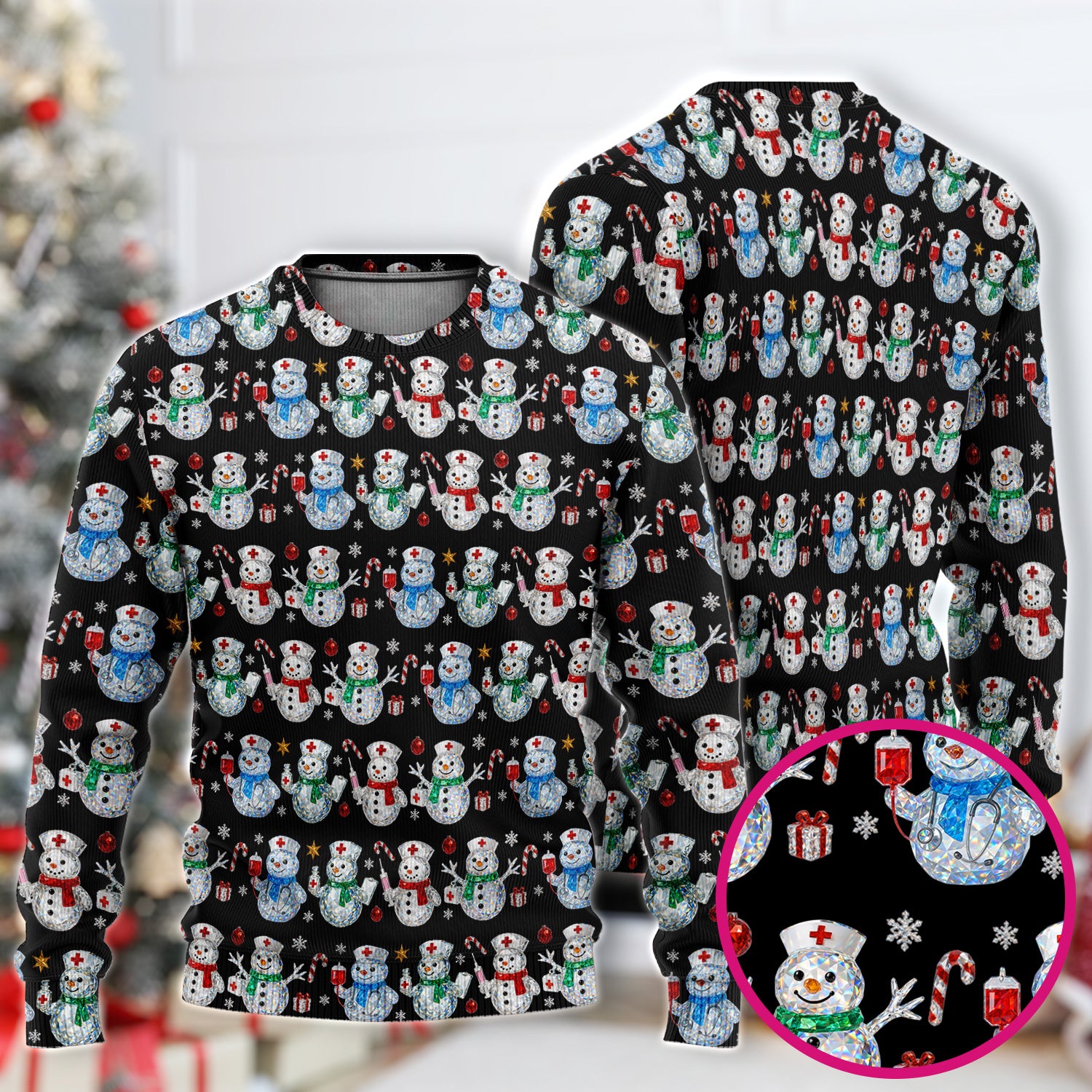 Nurse Snowman Christmas Scrub Set, Cute Holiday Medical Pattern Shirt For Women, Winter Snowflake Nursing Uniform
