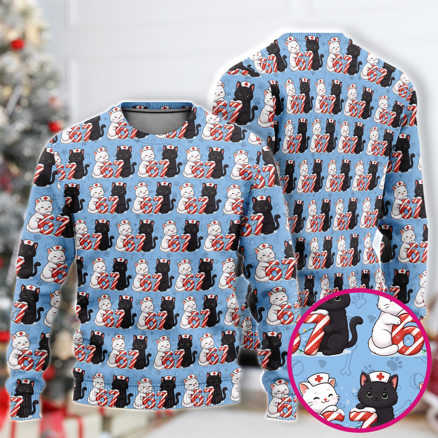 Xmas Cat Pattern Scrub Set, Christmas Nurse Six Seven With Cat Scrub Shirt, Breathable Fabrics Nursing Uniform