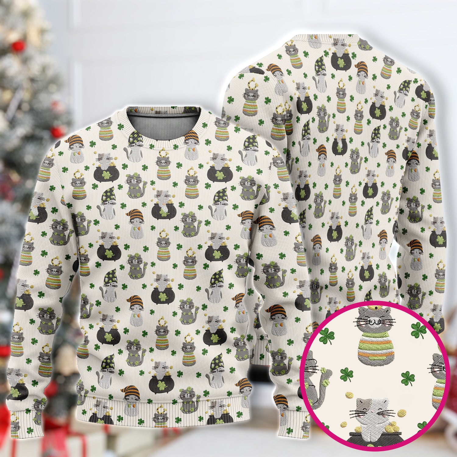 St. Patrick’s Day Scrub Set, Lucky Cat With Shamrock Pattern Shirt, Breathable Fabrics Nursing Uniform