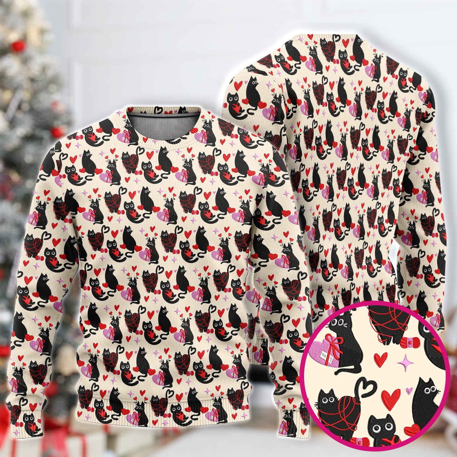 Valentine’s Day Scrub Set, Cute Black Cat With Heart Pattern Nurse Shirt, Breathable Fabrics Nursing Uniform