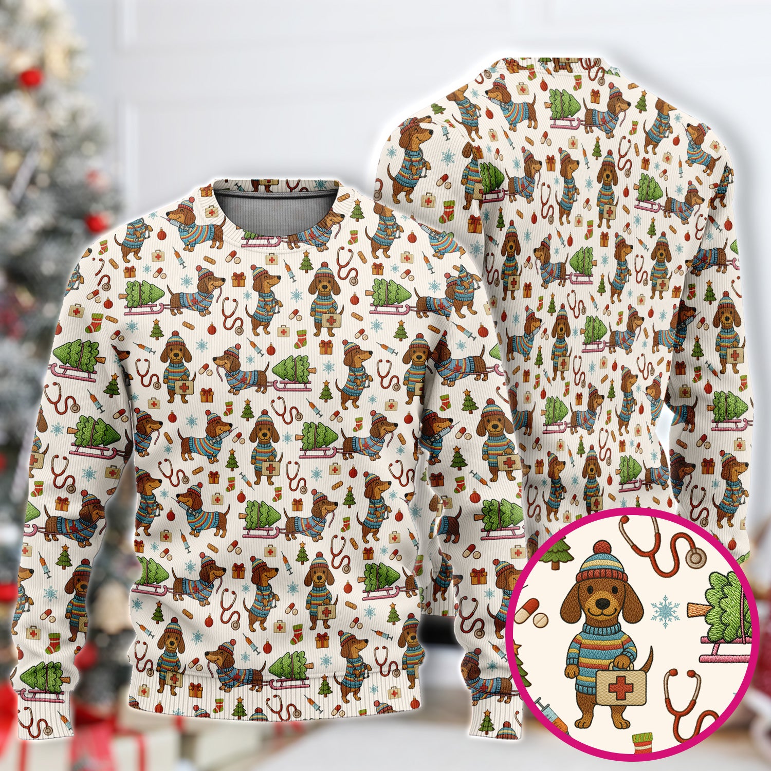 Dachshund Dog Scrub Set For Nurse, Funny Wiener Dog Lover Gift, Cute Dog 3D Knit Pattern Shirt