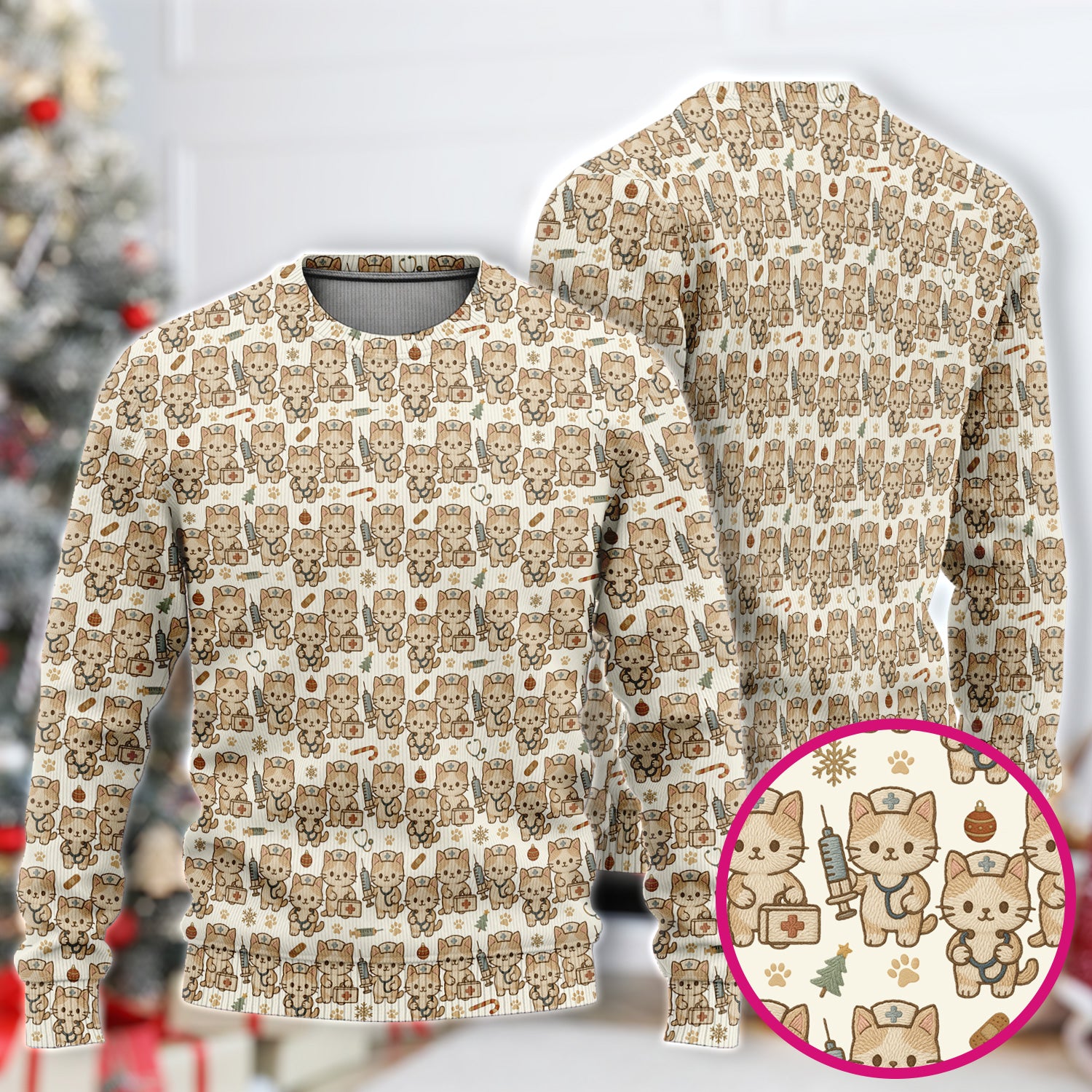 Cute Cat Nurse Christmas Scrub Set, Kawaii Kitty Medical Pattern Shirt, Breathable Fabrics Nursing Uniform