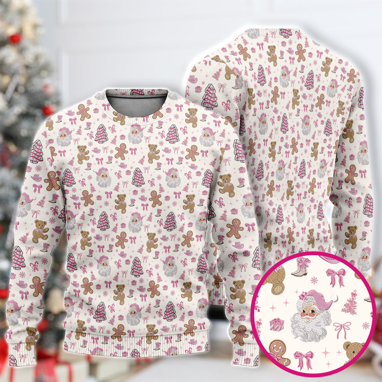Pink Christmas Santa Gingerbread Scrub Set, Cute Holiday Medical Pattern Shirt, Breathable Fabrics Nursing Uniform