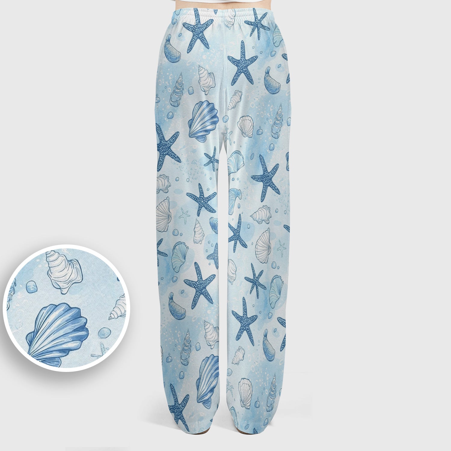 Blue Sea Shells Starfish Pattern Scrub Sets, Scrub Pants and V Neck Top
