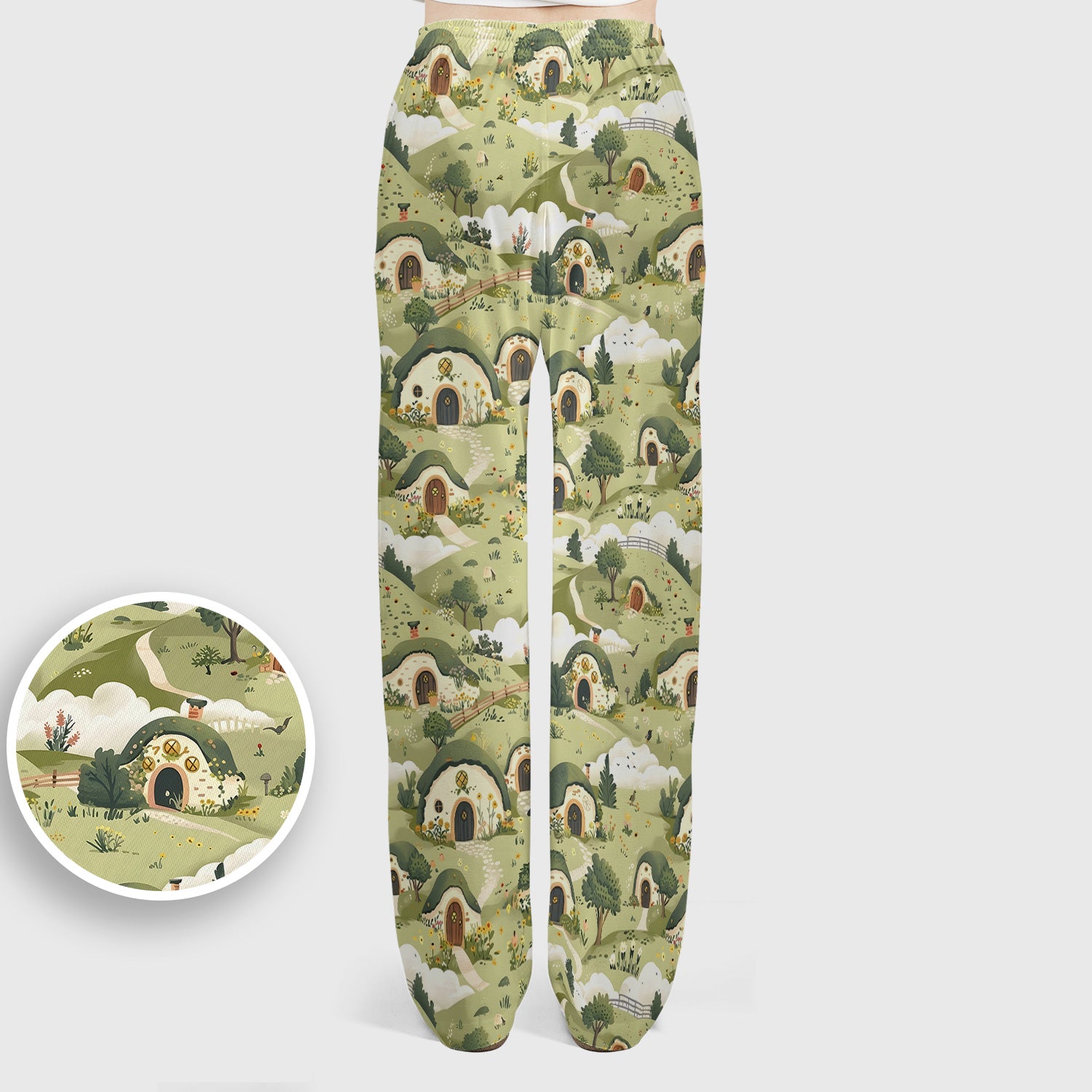 Cozy Hobbit Village Landscape Pattern Scrub Set, Scrub Pants and V Neck Top