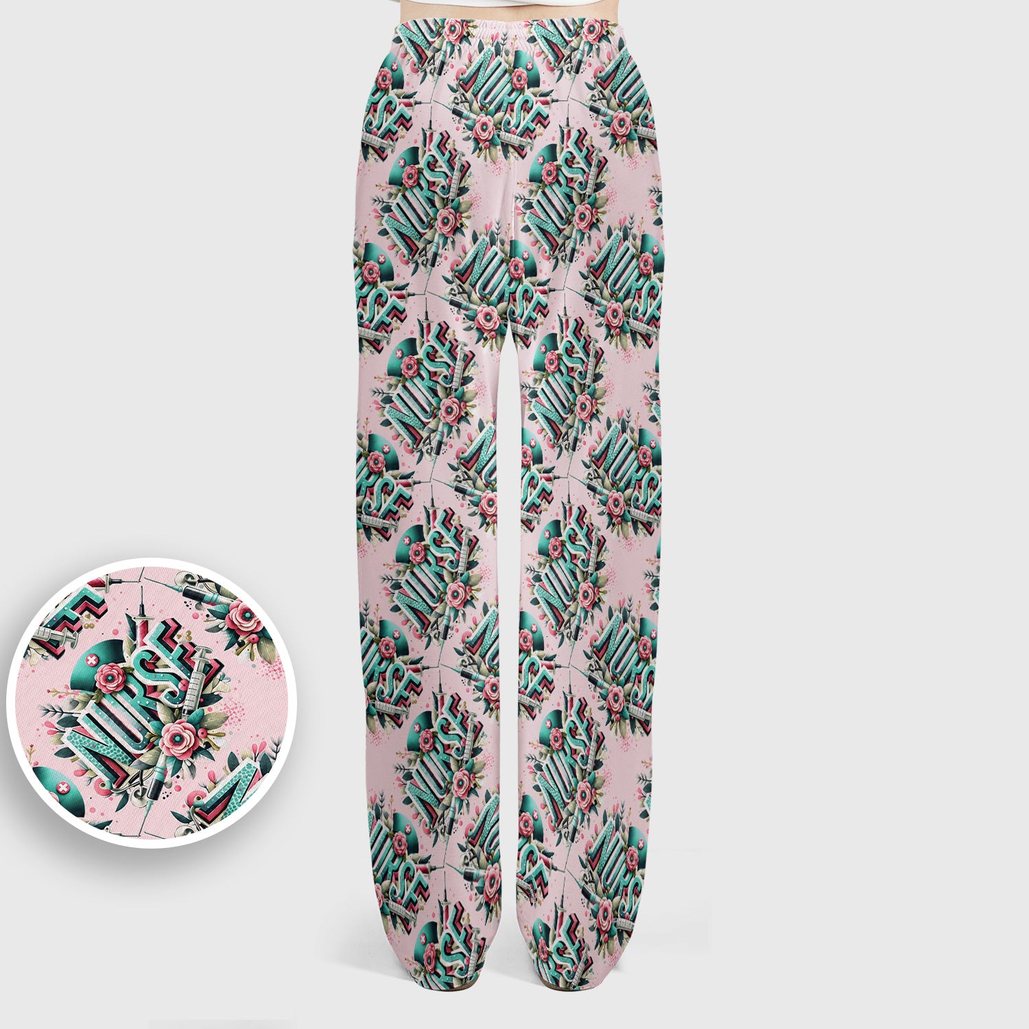 Cute Nurse Typography Floral Medical Pattern Scrub Set, Scrub Pants and V Neck Top