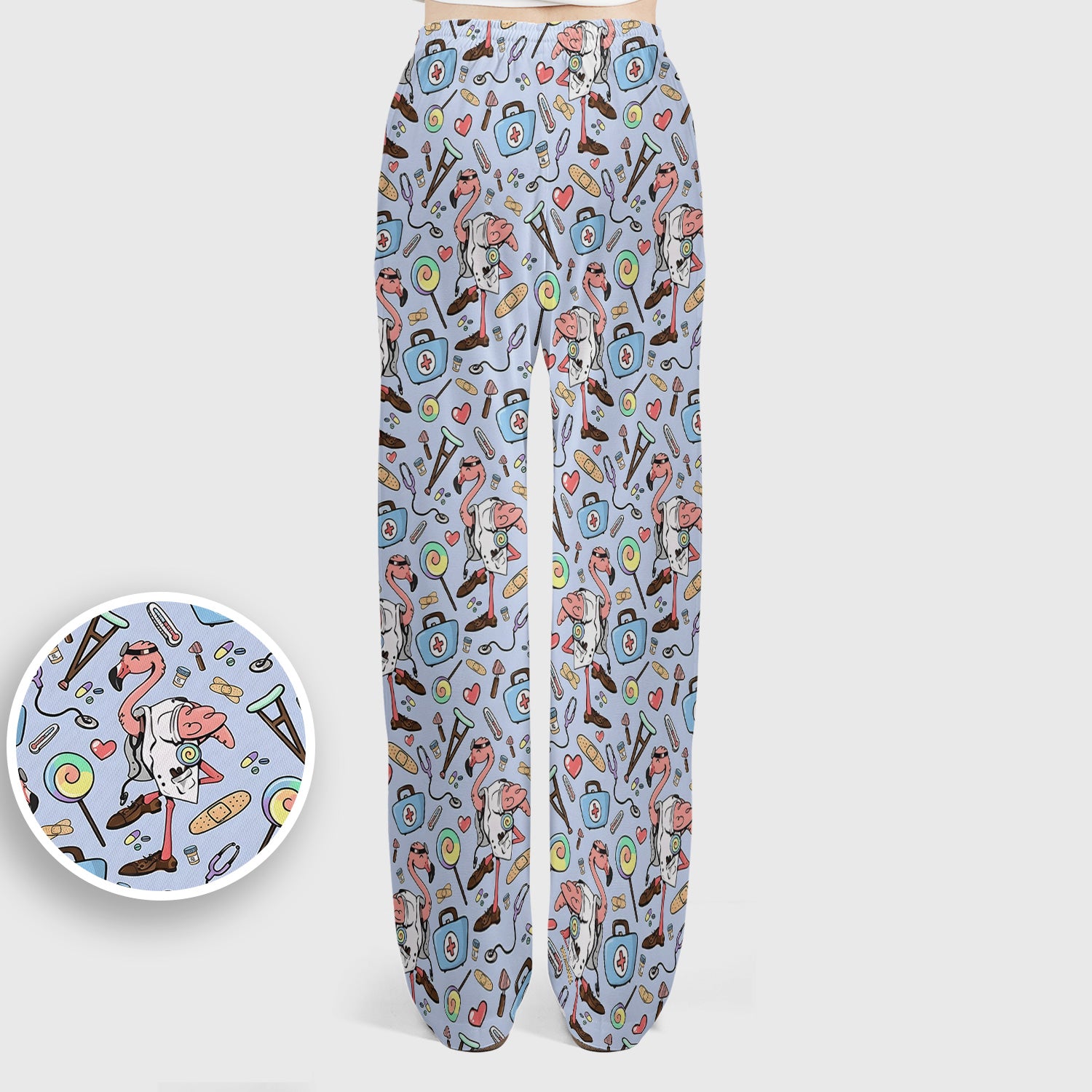 Flamingo Nurse Medical Care Pattern Scrub Set, Scrub Pants and V Neck Top