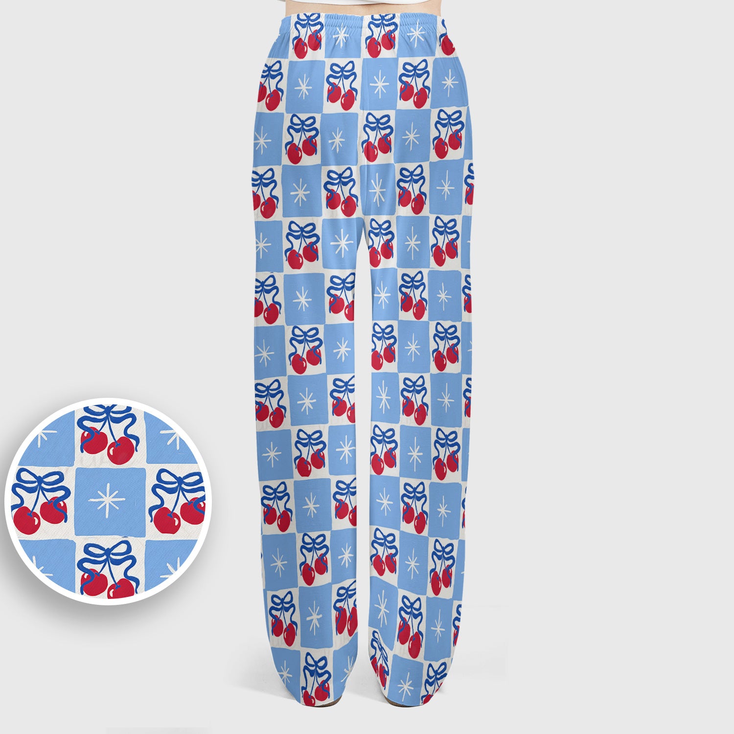 Cute Cherry Bow With Blue Gingham Check Pattern Scrub Set, Scrub Pants and V Neck Top